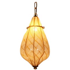 Pair of Ivory and Gold Murano Glass Chandeliers with Brass Details, circa 1950