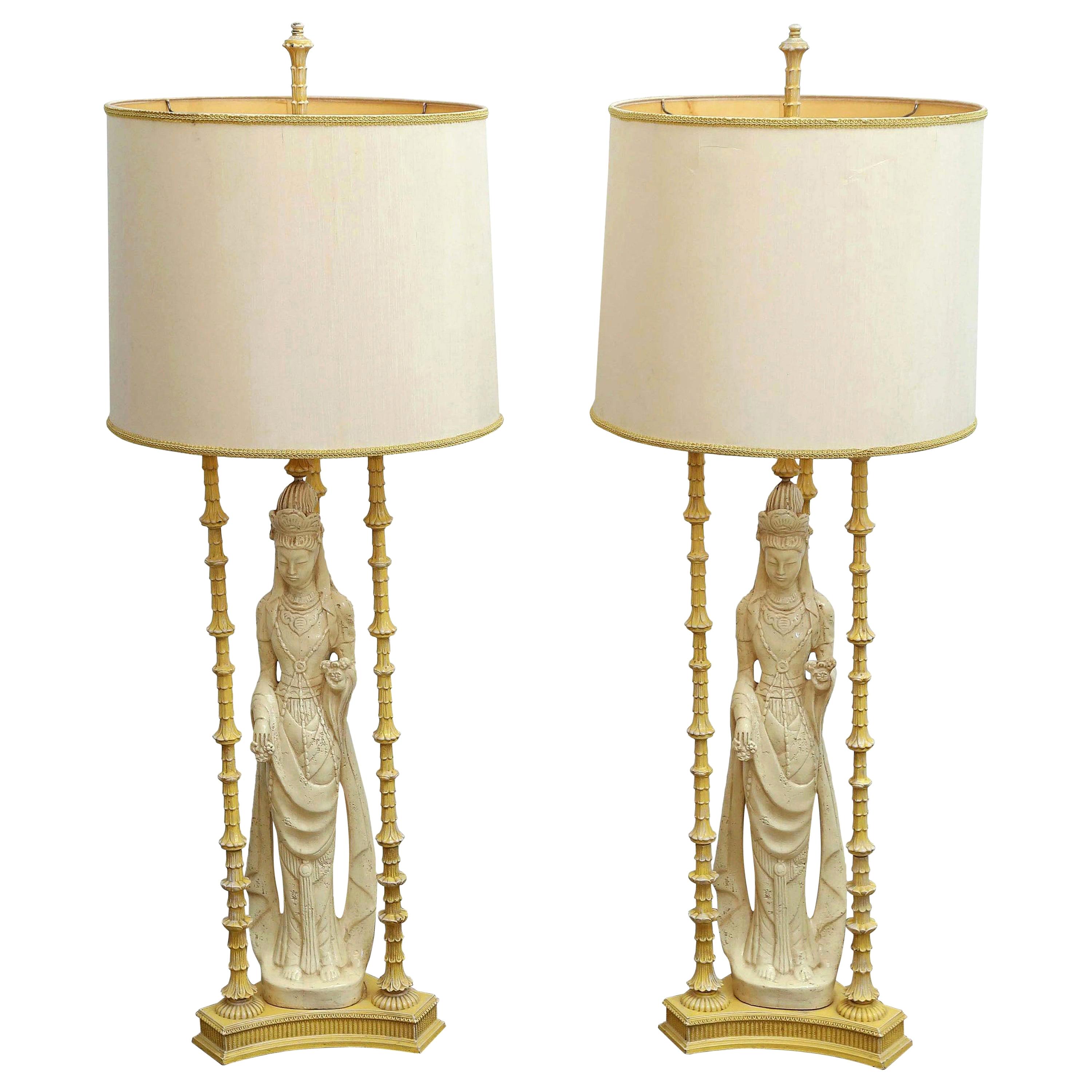 Pair of Ivory and Yellow James Mont Style Hollywood Regency Quan Yin Asian Lamps For Sale