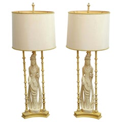 Used Pair of Ivory and Yellow James Mont Style Hollywood Regency Quan Yin Asian Lamps