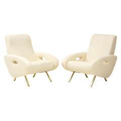 Pair of Ivory Boucle and Brass Lounge Chairs in the Style of Francois Letourneau