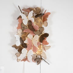 Pair of Brass and Ivory, Coral and Bronze Murano Glass Butterfly Sconces, Italy