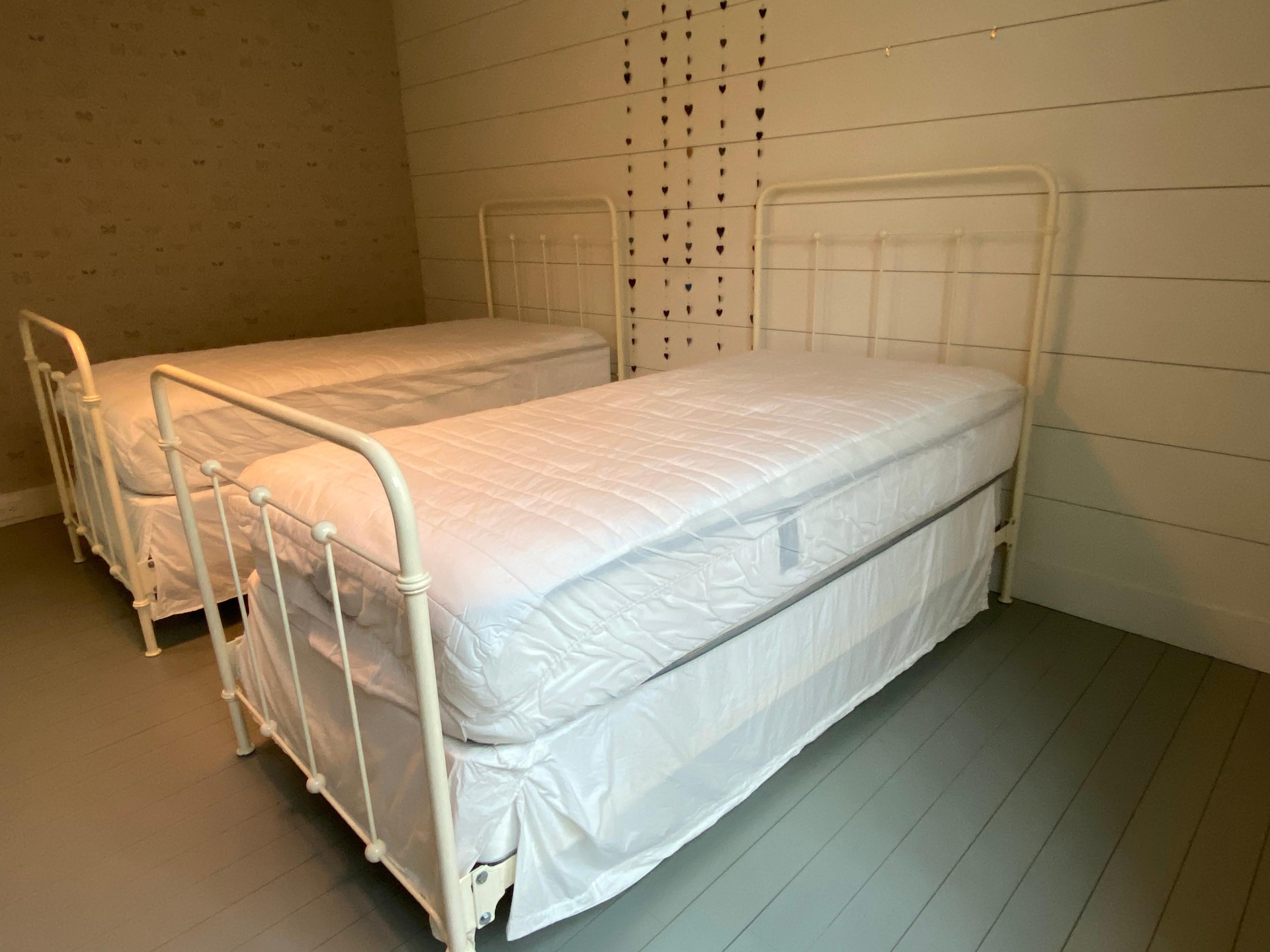 Contemporary Pair of Ivory Iron Bed Frames by Charles P. Rogers & Co.