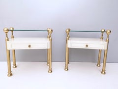 Pair of Ivory Nightstands with Brass Legs and Glass Shelf, Italy, 1980s