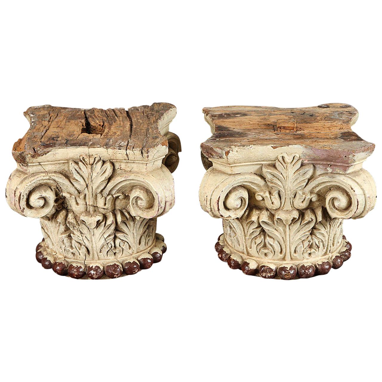 Pair of Ivory Painted Capitals from 19th Century, Italy