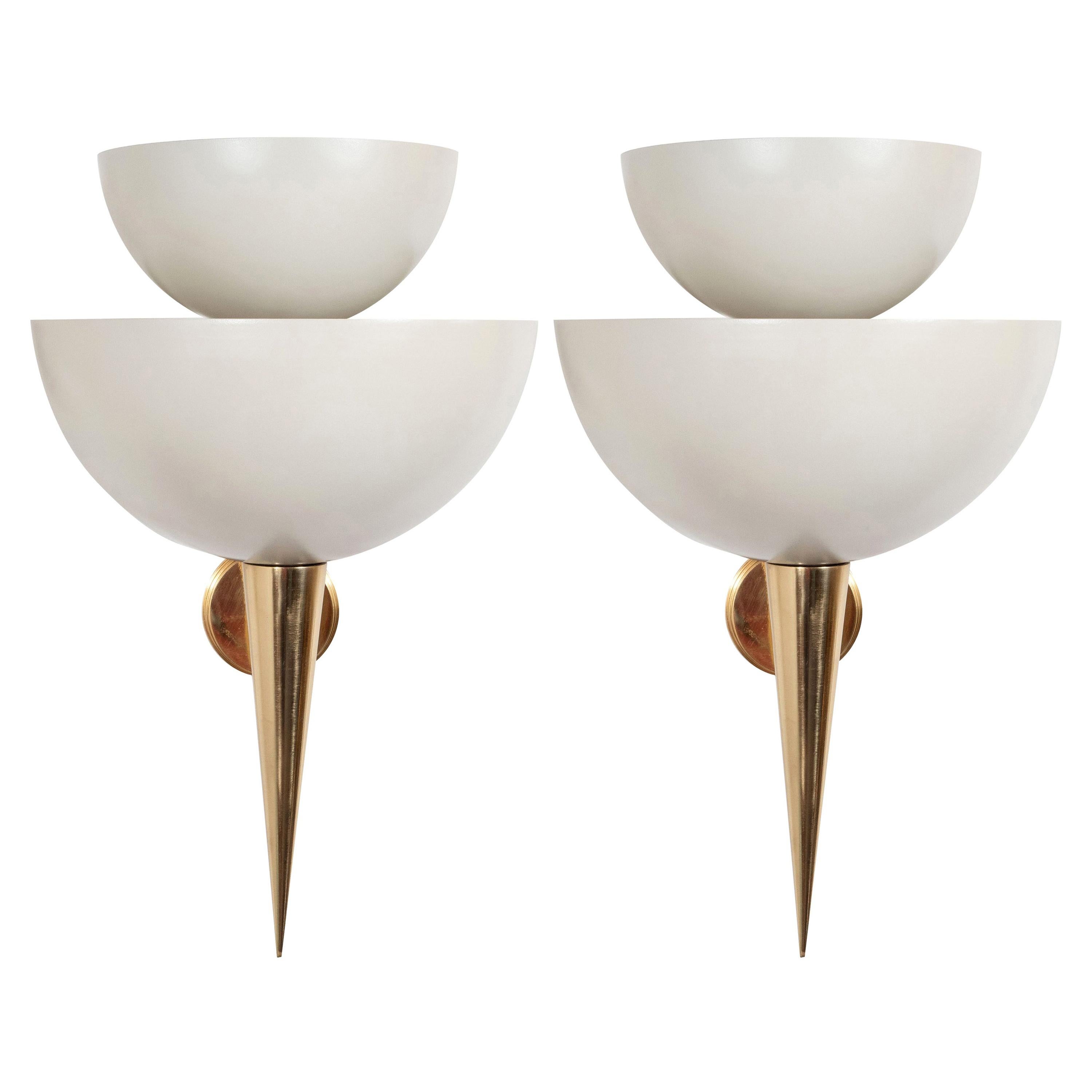 Pair of Soft White Powder-Coated Metal Cup and Brass Spear Sconces, Italy