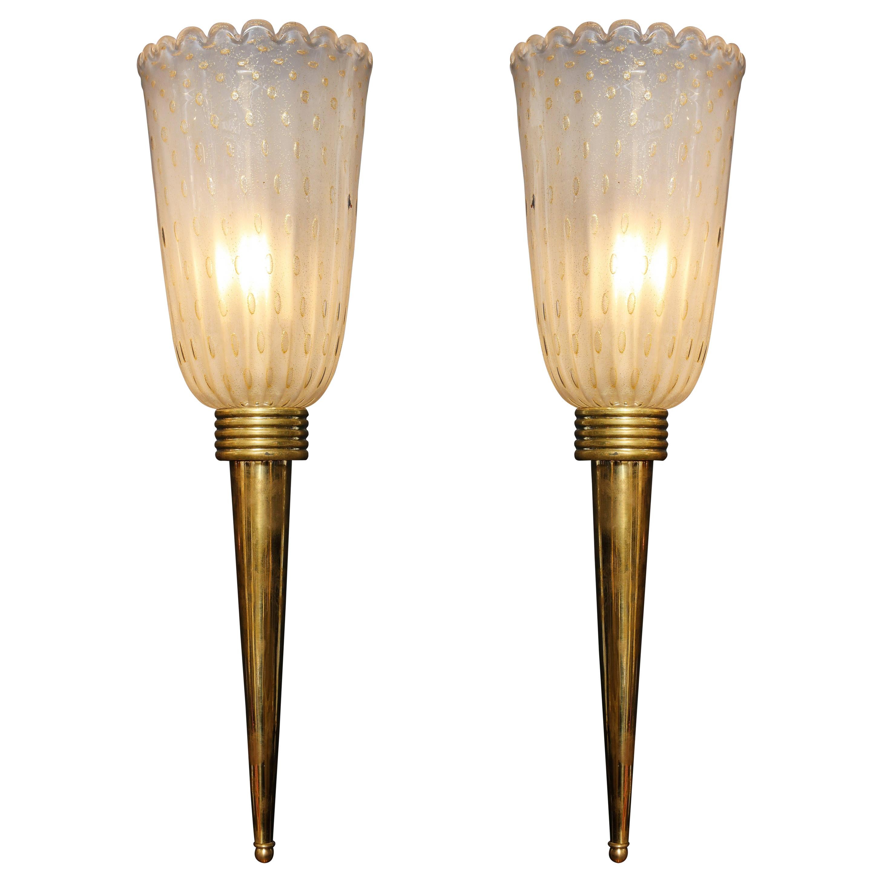 Pair of Ivory "Pulegoso" Murano Glass and Brass Torch Sconces, Italy