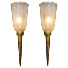 Pair of Ivory "Pulegoso" Murano Glass and Brass Torch Sconces, Italy
