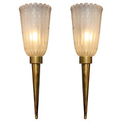 Pair of Ivory "Pulegoso" Murano Glass and Brass Torch Sconces, Italy