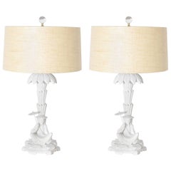 Pair of Ivory Wood Carved Palm Tree Lamps, circa 1950