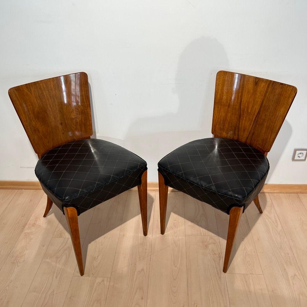 Pair of J. Halabala Chairs H214, Walnut, Beech, Faux Leather, Czech, 1930s For Sale 8