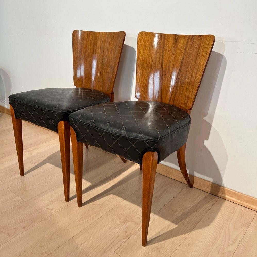 Pair of J. Halabala Chairs H214, Walnut, Beech, Faux Leather, Czech, 1930s For Sale 9