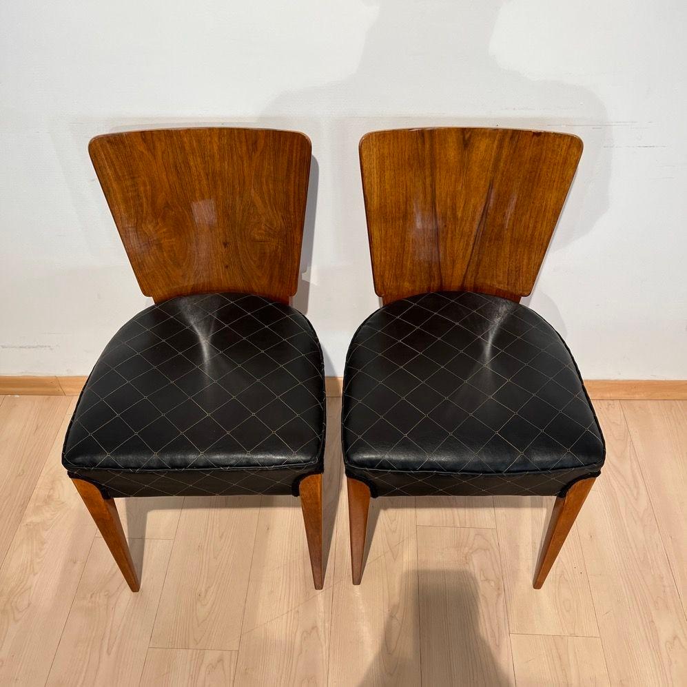 Pair of J. Halabala Chairs H214, Walnut, Beech, Faux Leather, Czech, 1930s For Sale 11