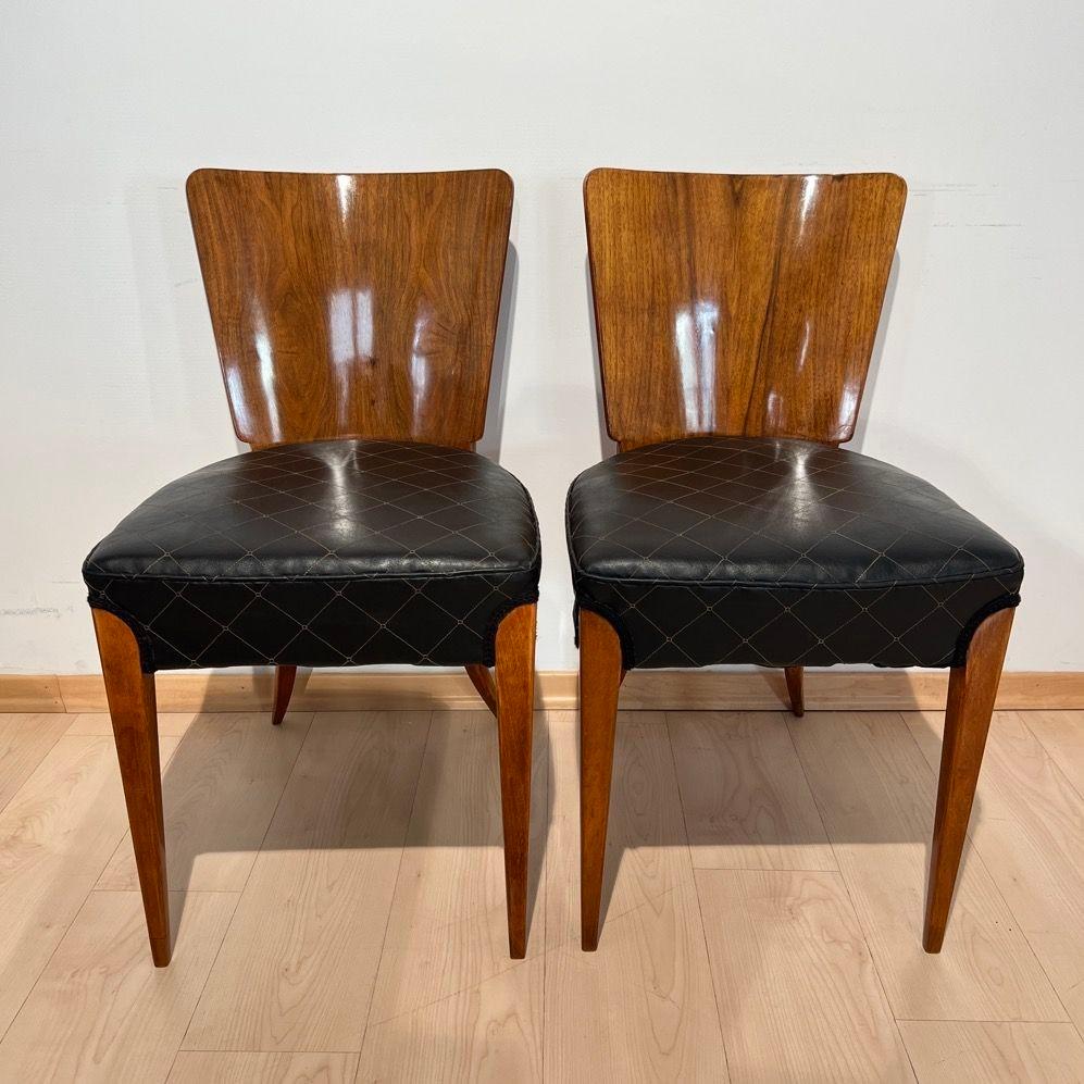 Pair of J. Halabala Chairs H214, Walnut, Beech, Faux Leather, Czech, 1930s For Sale 12