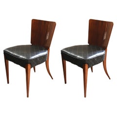 Vintage Pair of J. Halabala Chairs H214, Walnut, Beech, Faux Leather, Czech, 1930s