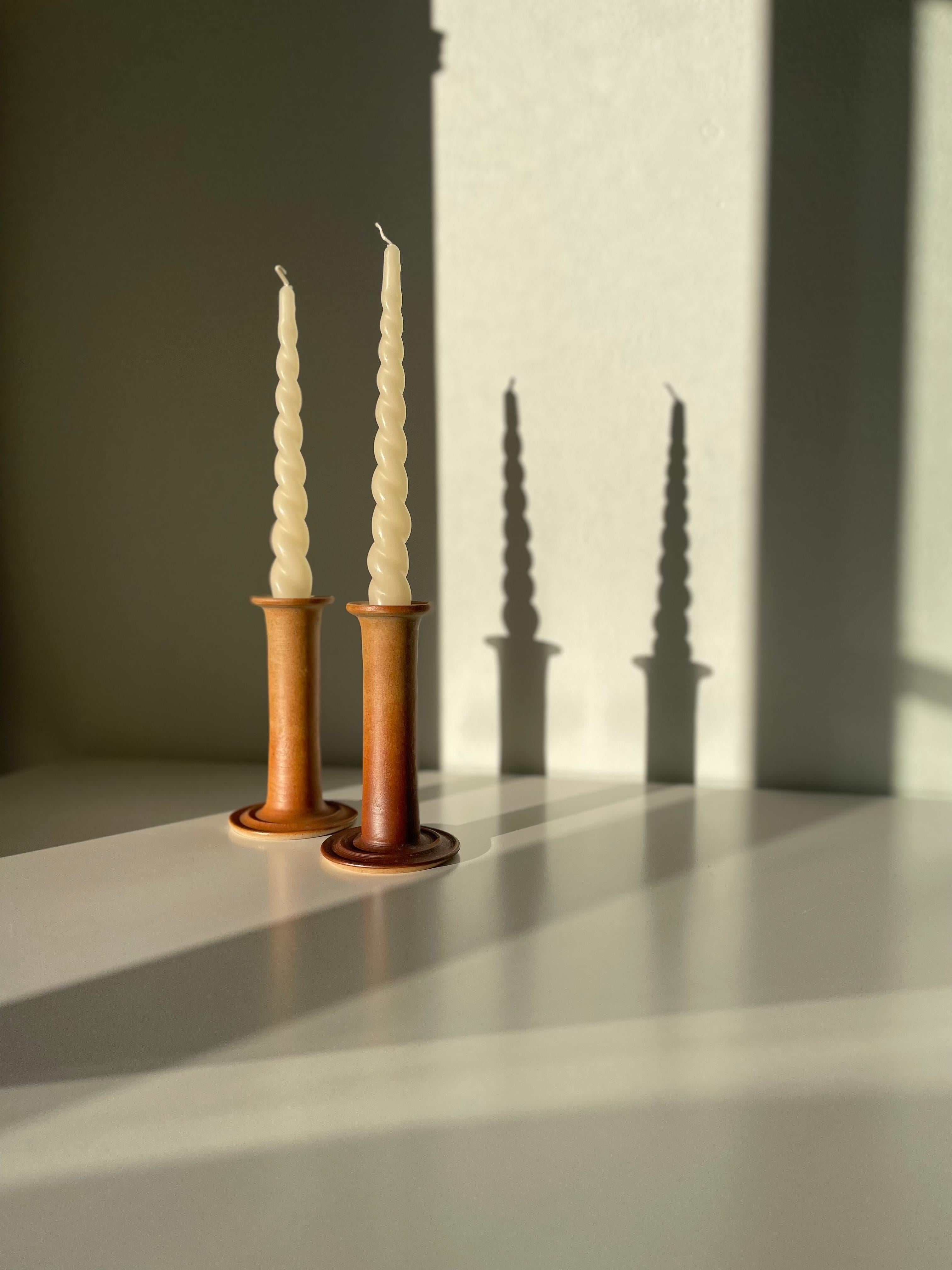 Danish Pair of J. Packness Tawny Ceramic Candle Sticks, 1970s For Sale