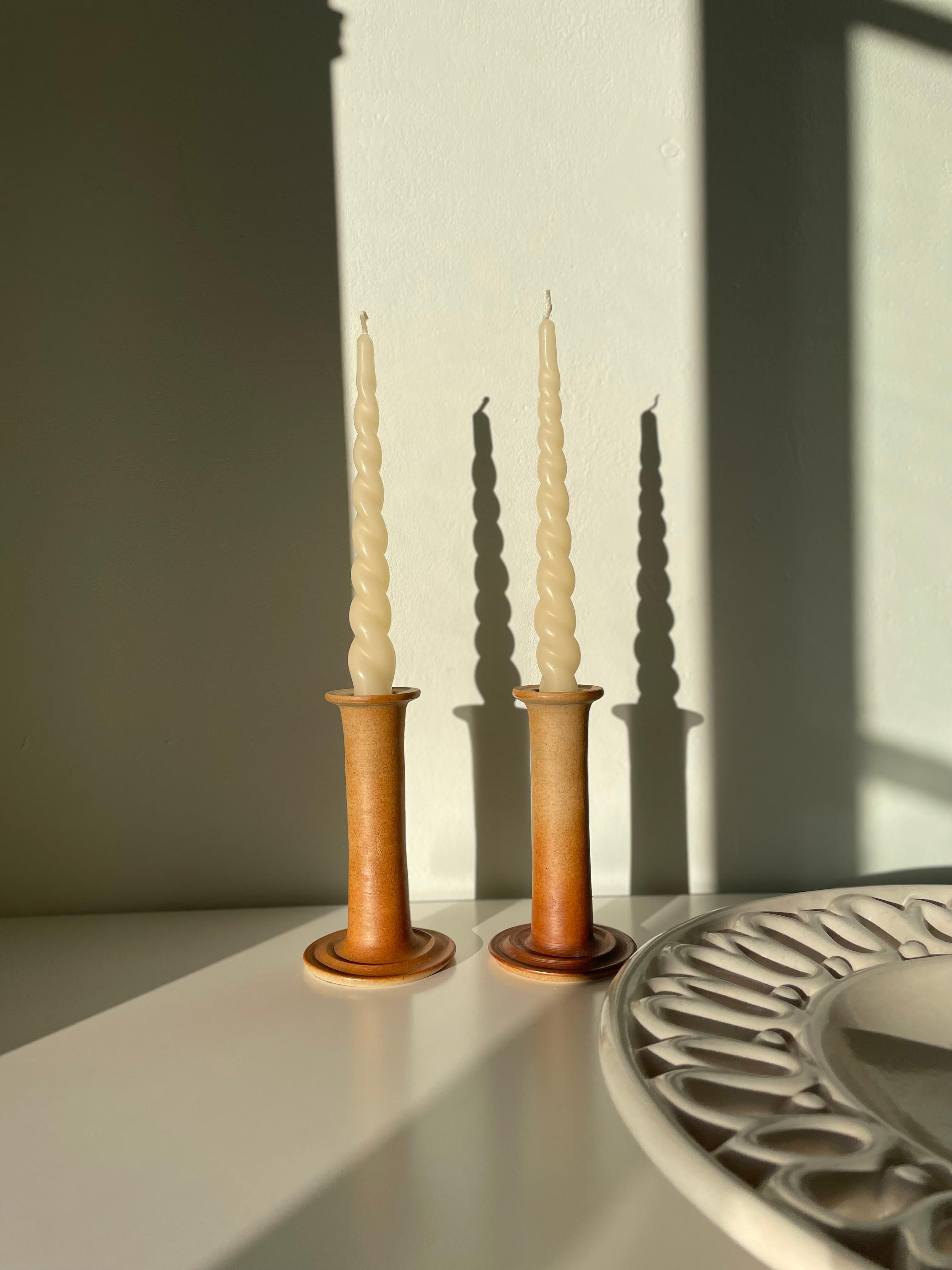 Glazed Pair of J. Packness Tawny Ceramic Candle Sticks, 1970s For Sale