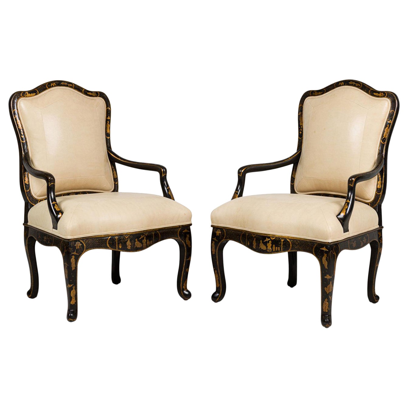 Pair of J Robert Scott French Louis XV style Chinoiserie Style Black Armchairs For Sale