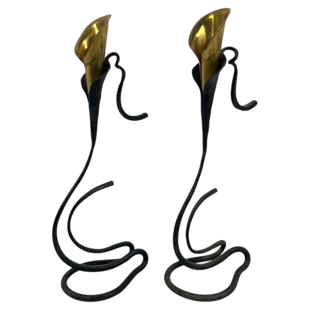 Pair Of Jack Brubaker Bronze, Brass Calla Lilly Candlesticks