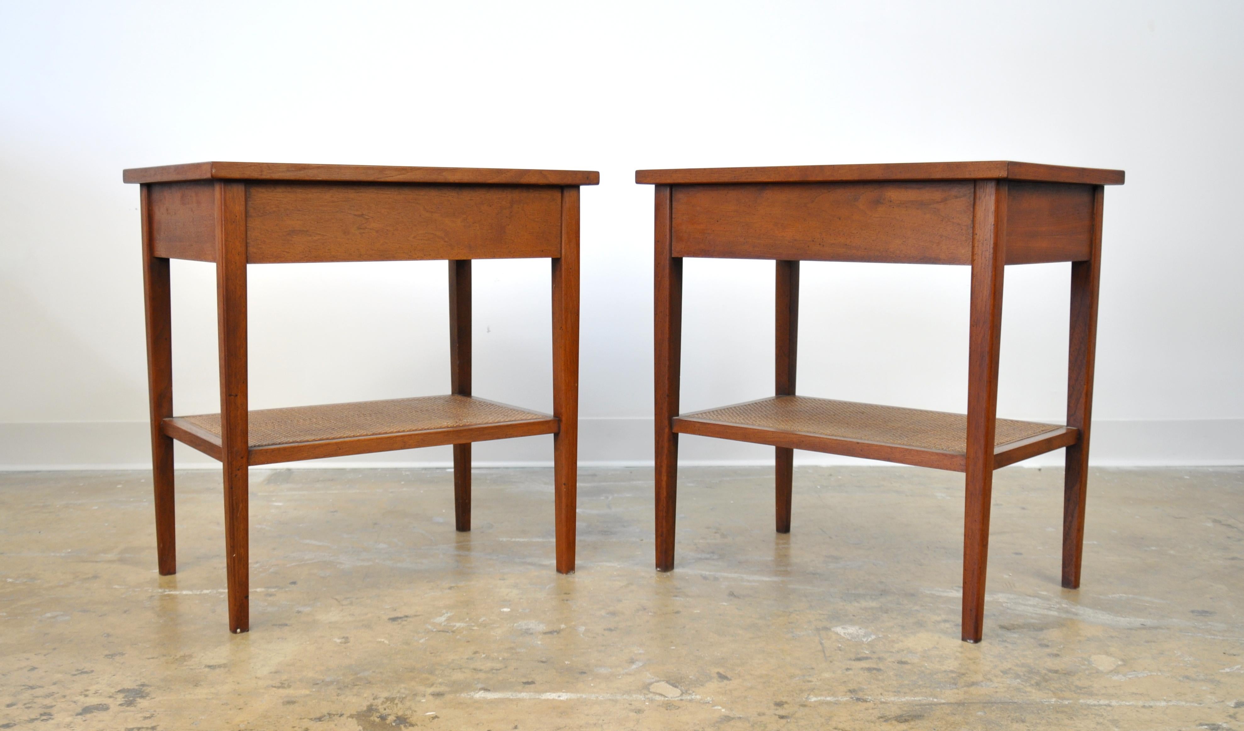 Mid-Century Modern Pair of Jack Cartwright for Founders Walnut and Cane Nightstands or Side Tables