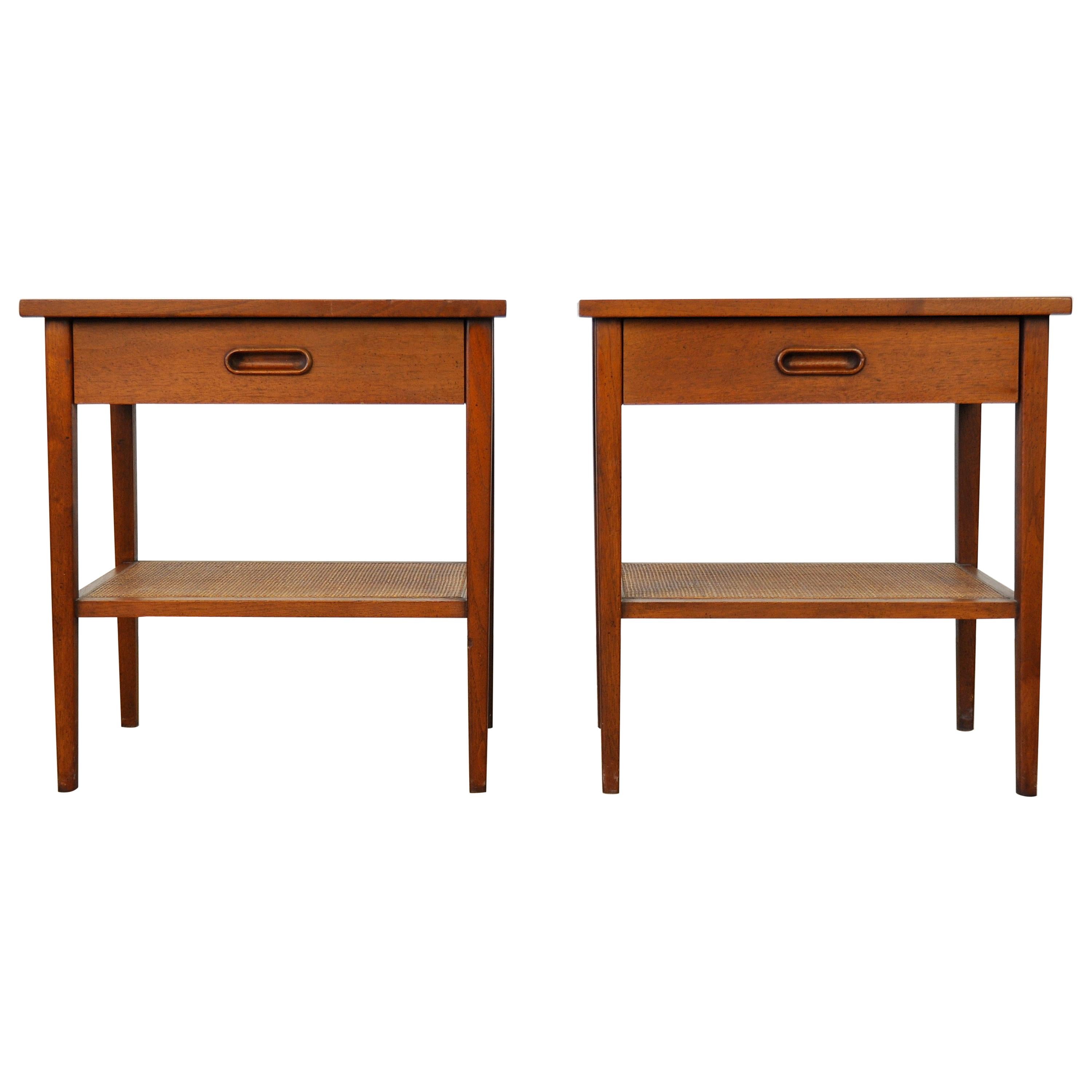 Pair of Jack Cartwright for Founders Walnut and Cane Nightstands or Side Tables