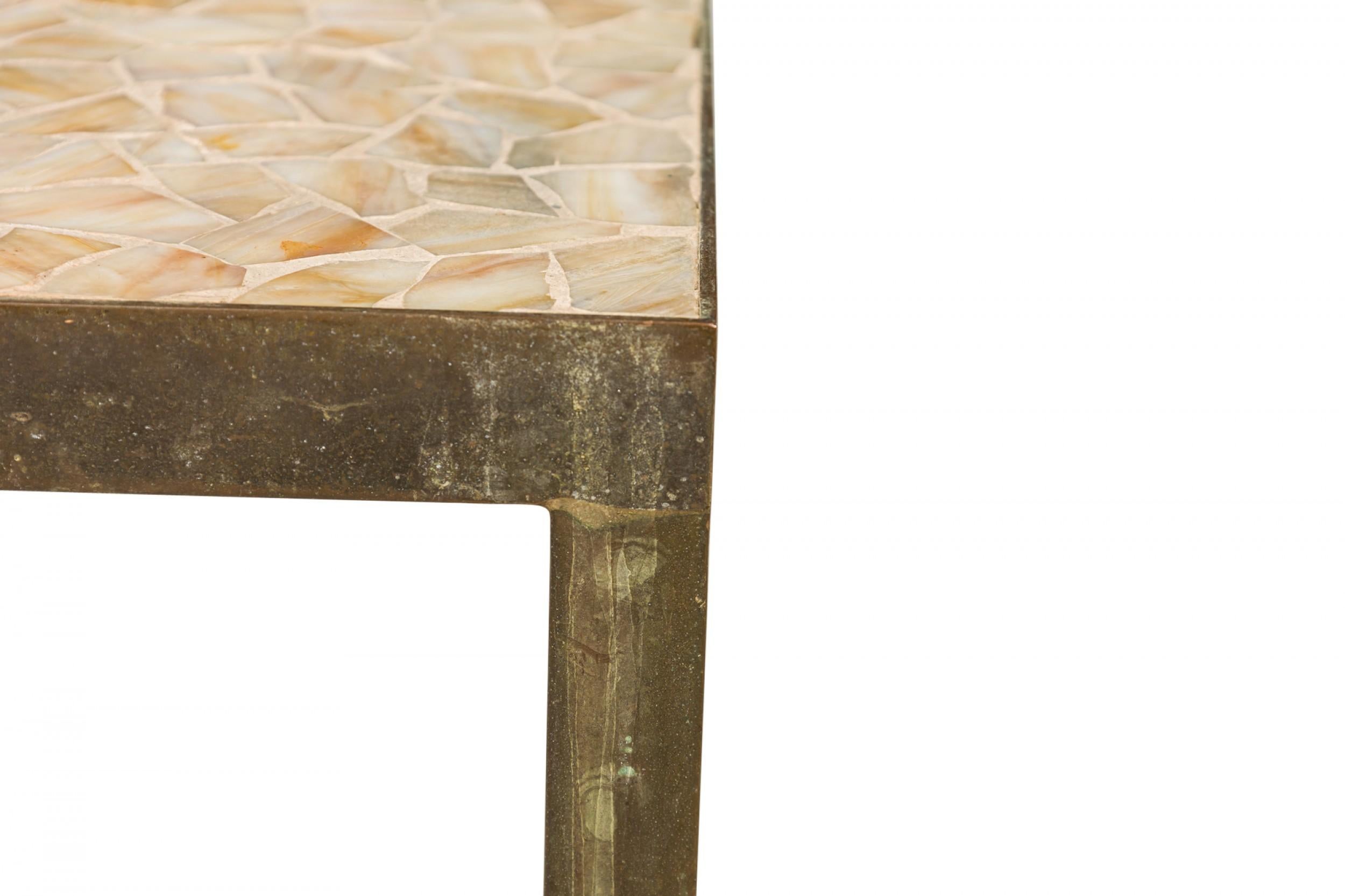 Pair of Jack Stewart Beige Mosaic Tile and Brass Frame Square End / Side Tables For Sale 1