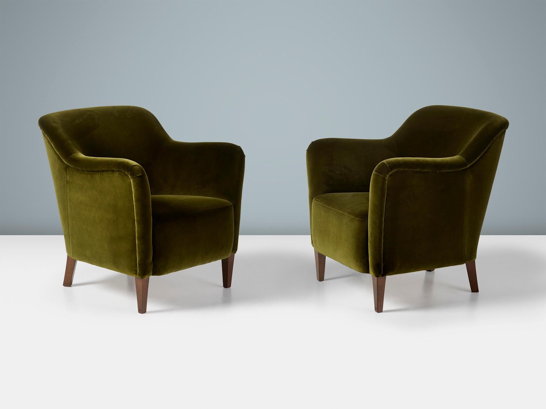 Jacob Kjaer - Pair of Lounge Chairs, 1940s

A pair of 1940s lounge chairs designed and made by master-cabinetmaker Jacob Kjaer. These examples have been reupholstered in Moss green cotton-velvet fabric from Rose Uniacke. The legs are stained and