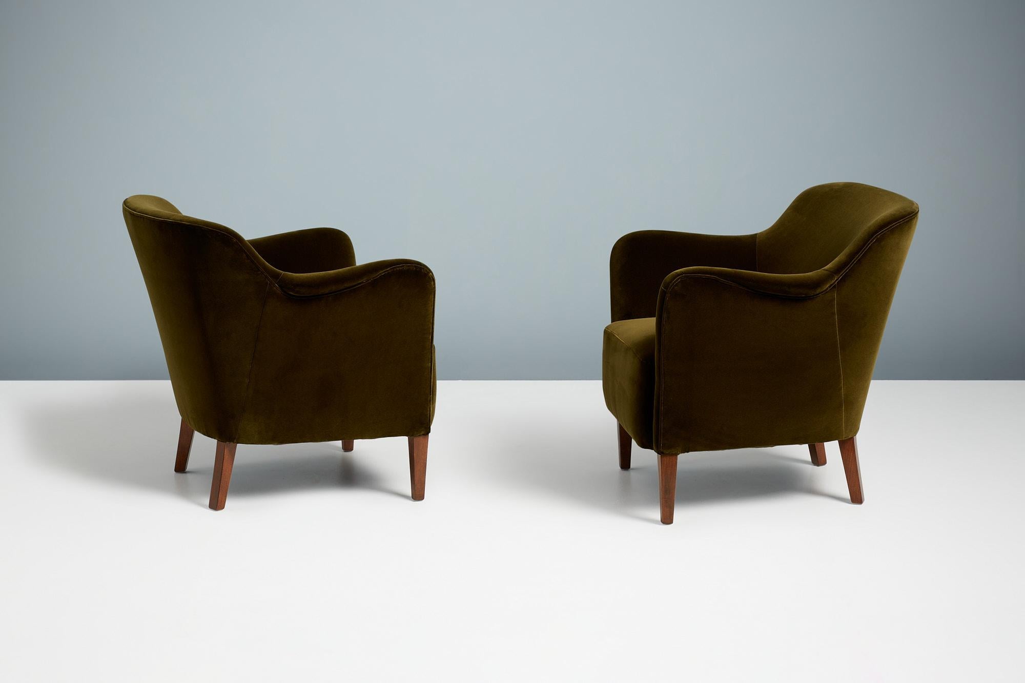 Scandinavian Modern Pair of Jacob Kjaer Green Velvet 1940s Armchairs