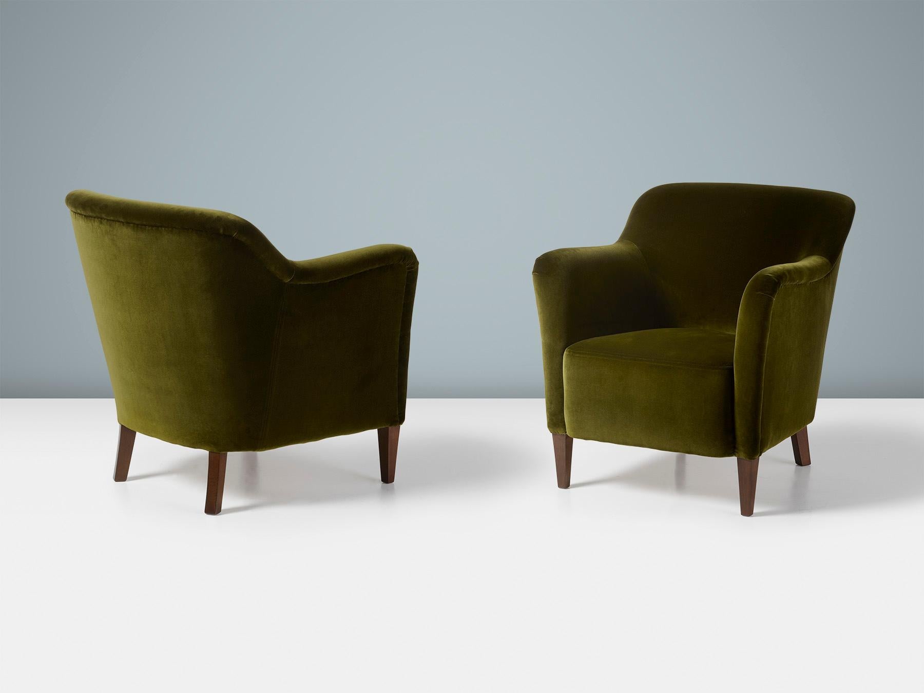 Scandinavian Modern Pair of Jacob Kjaer Green Velvet 1940s Armchairs