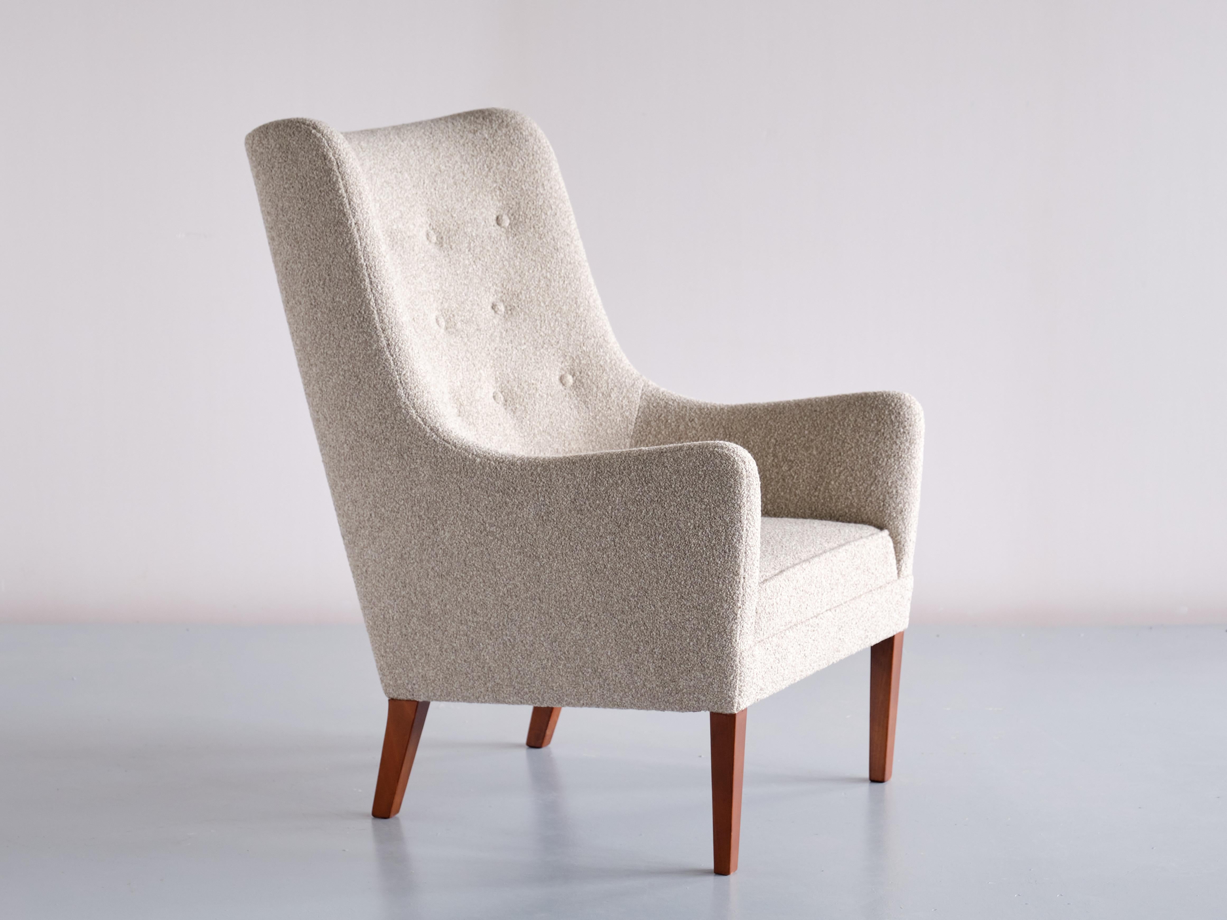Pair of Jacob Kjær High Back Armchairs in Bouclé and Mahogany, Denmark, 1940s For Sale 3