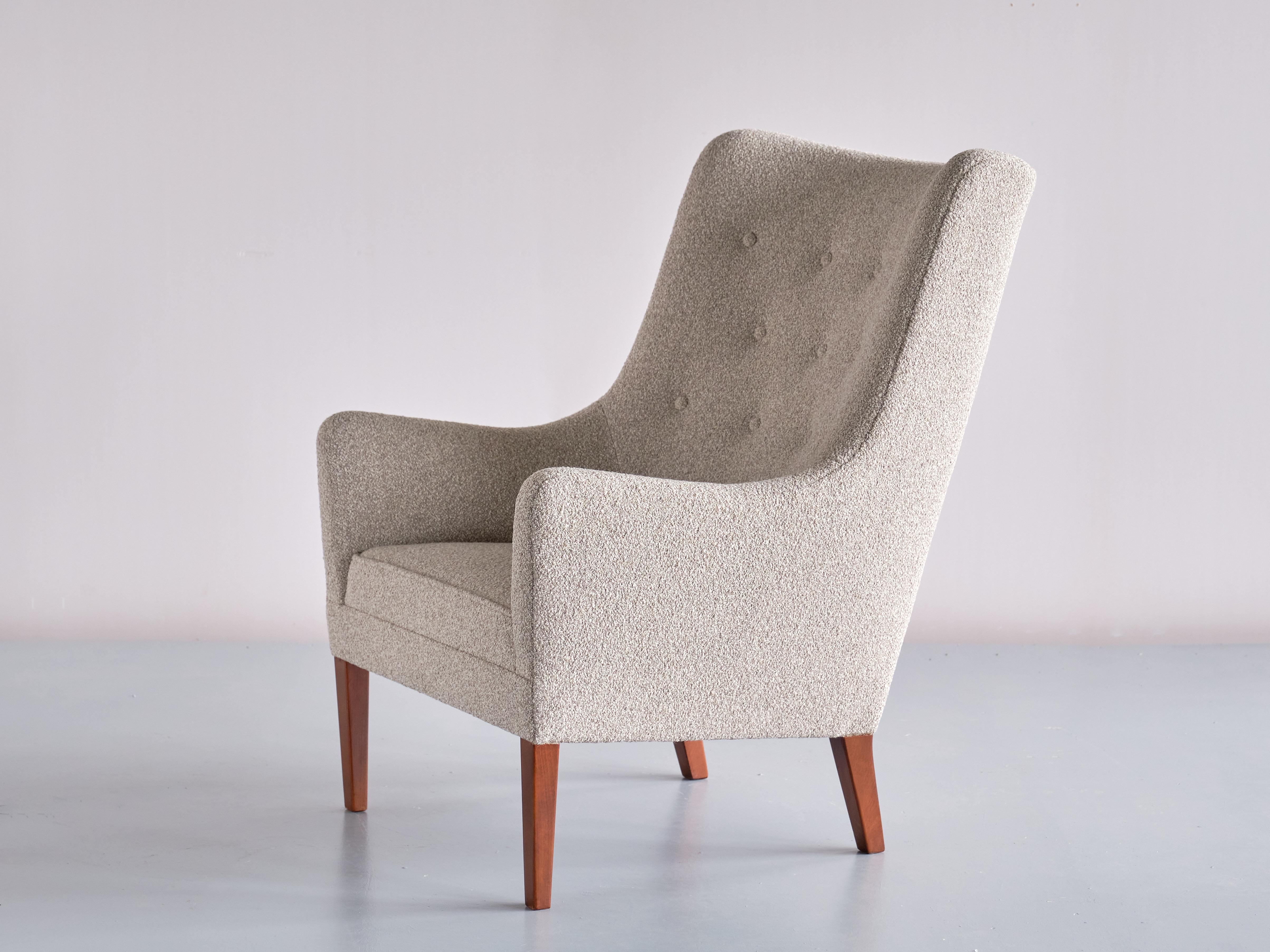 Pair of Jacob Kjær High Back Armchairs in Bouclé and Mahogany, Denmark, 1940s For Sale 6