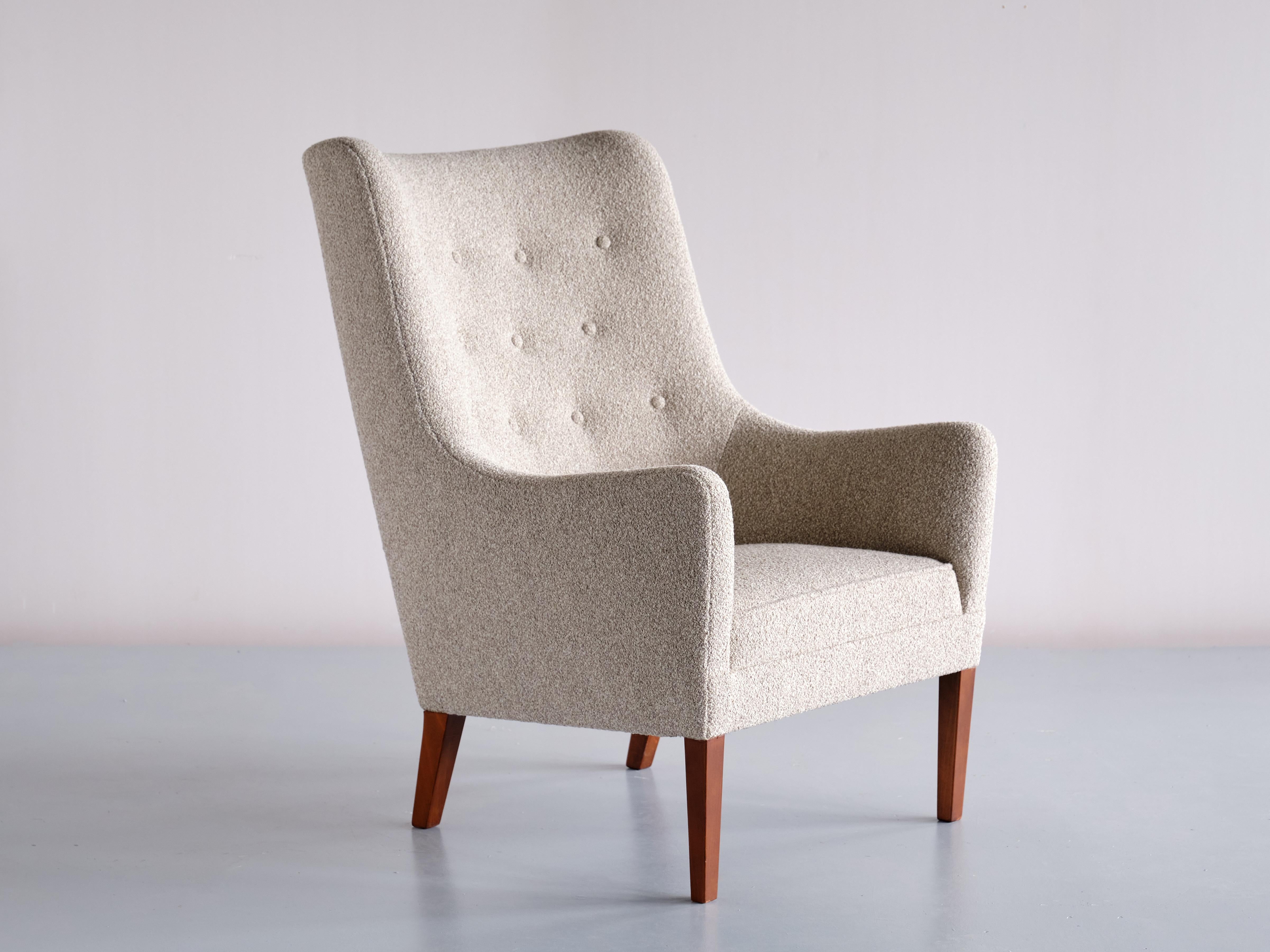 Pair of Jacob Kjær High Back Armchairs in Bouclé and Mahogany, Denmark, 1940s For Sale 1
