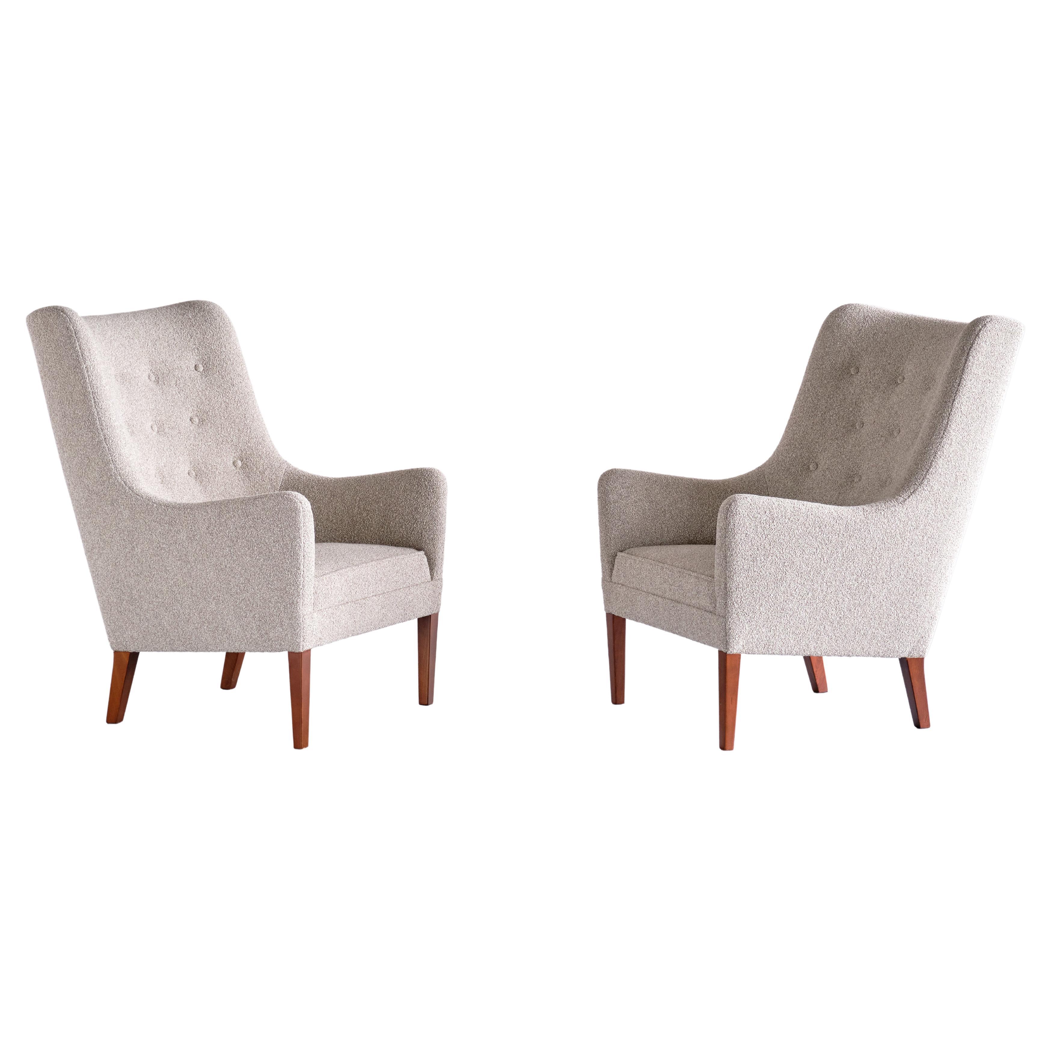 Pair of Jacob Kjær High Back Armchairs in Bouclé and Mahogany, Denmark, 1940s For Sale