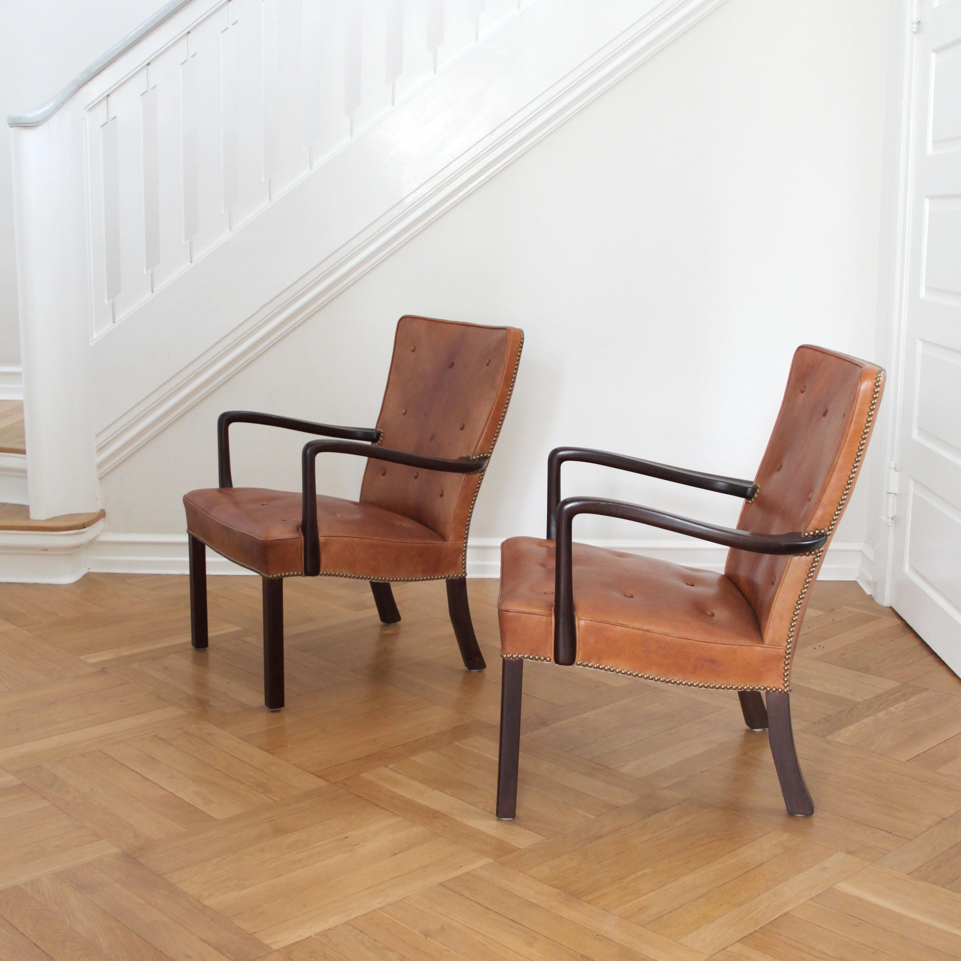 Danish Pair of Jacob Kjær Lounge Chairs in Dark Stained Mahogany and Niger Leather