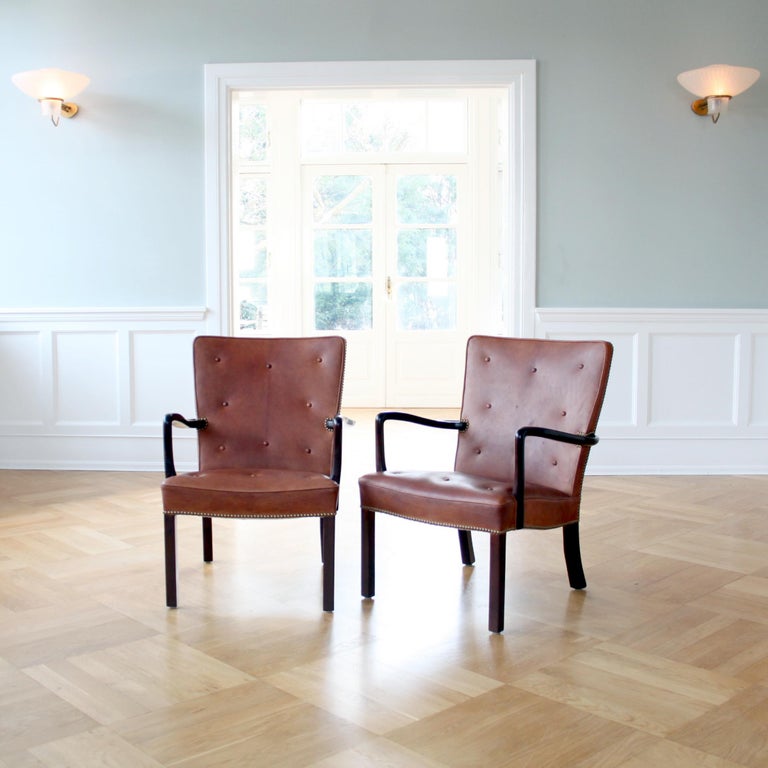 20th Century Pair of Jacob Kjær Lounge Chairs Mahogany and Niger Leather, Scandinavian Modern For Sale