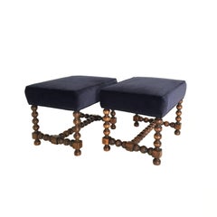 Pair of Jacobean Footstools Upholstered in Navy Velvet