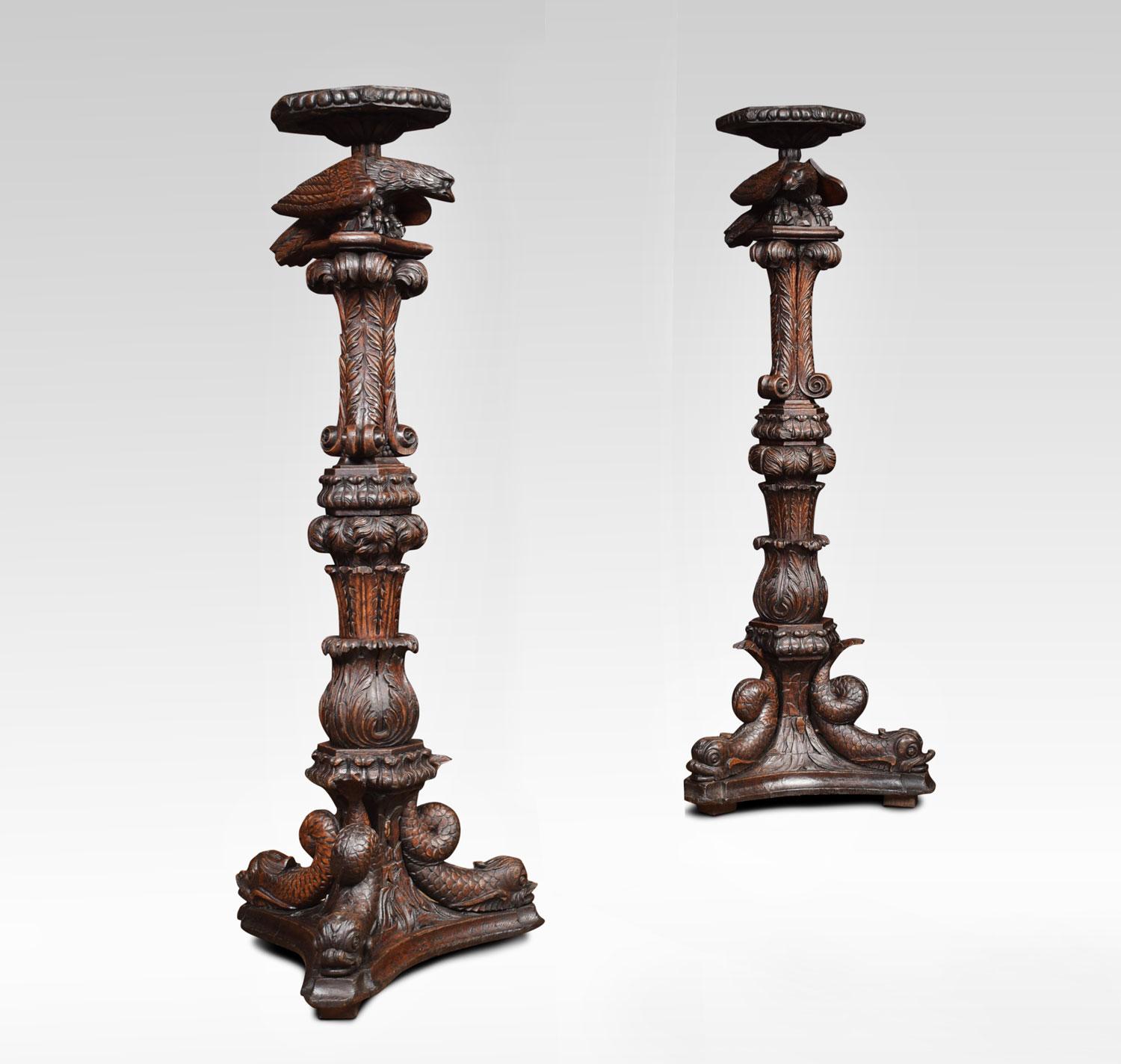 Pair of Jacobean stands, profusely carved having eagles above acanthus scrolling columns. The dolphin bases with moulded plinth.
Dimensions:
Height 53 inches
Width 20.5 inches
Depth 20.5 inches.
