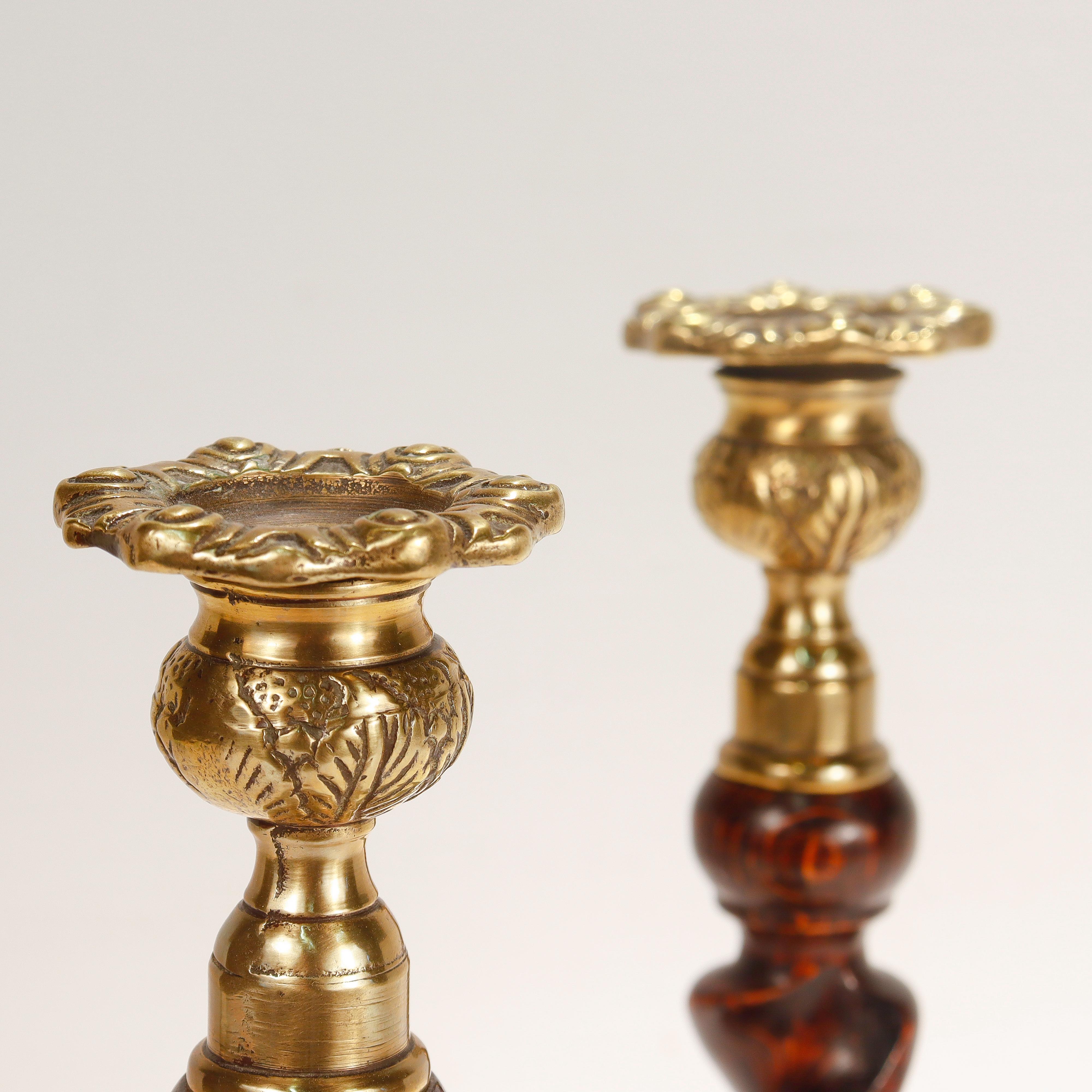 Pair of Jacobean Style Barley Twist Brass Topped Candlesticks at 1stDibs