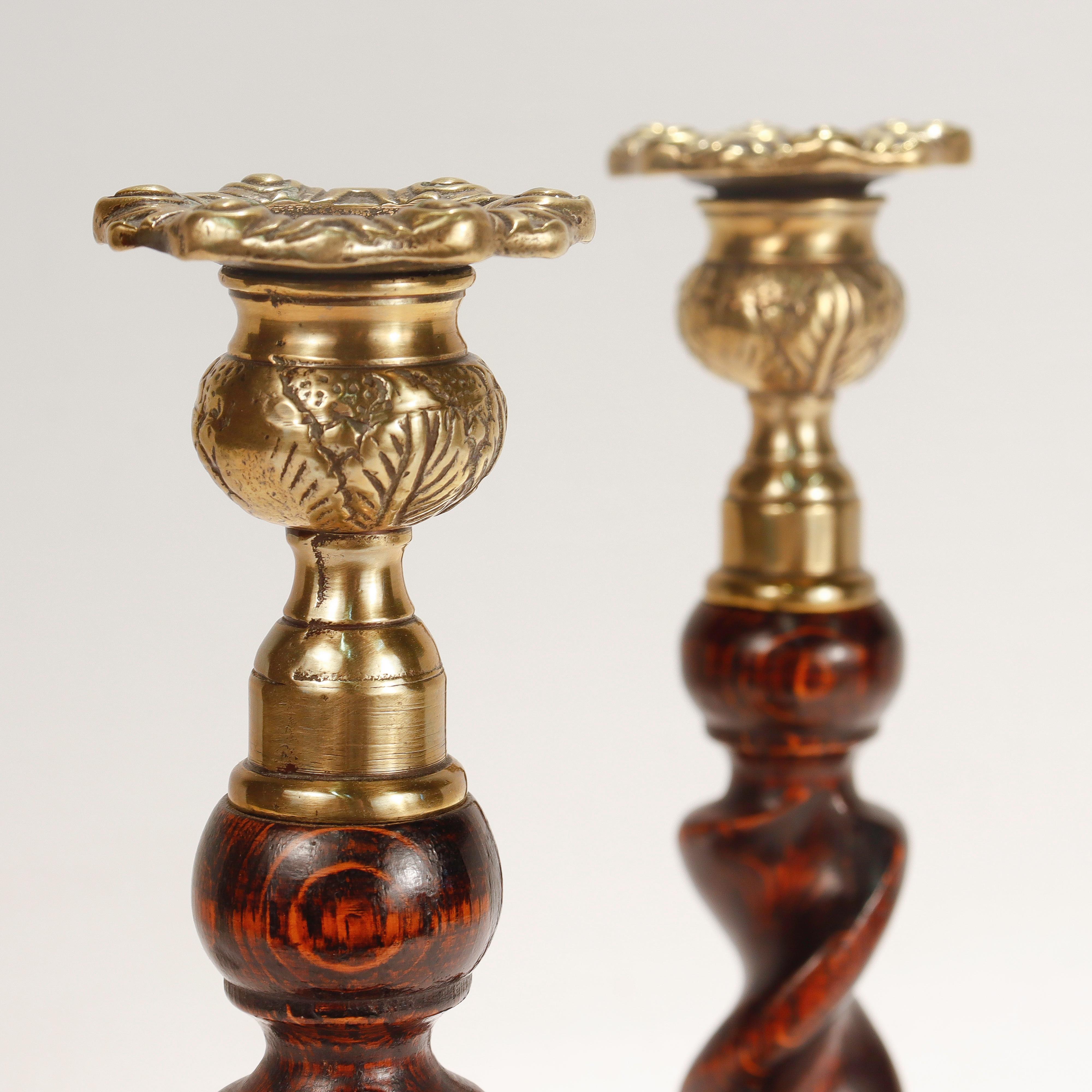 Pair of Jacobean Style Barley Twist Brass Topped Candlesticks at 1stDibs