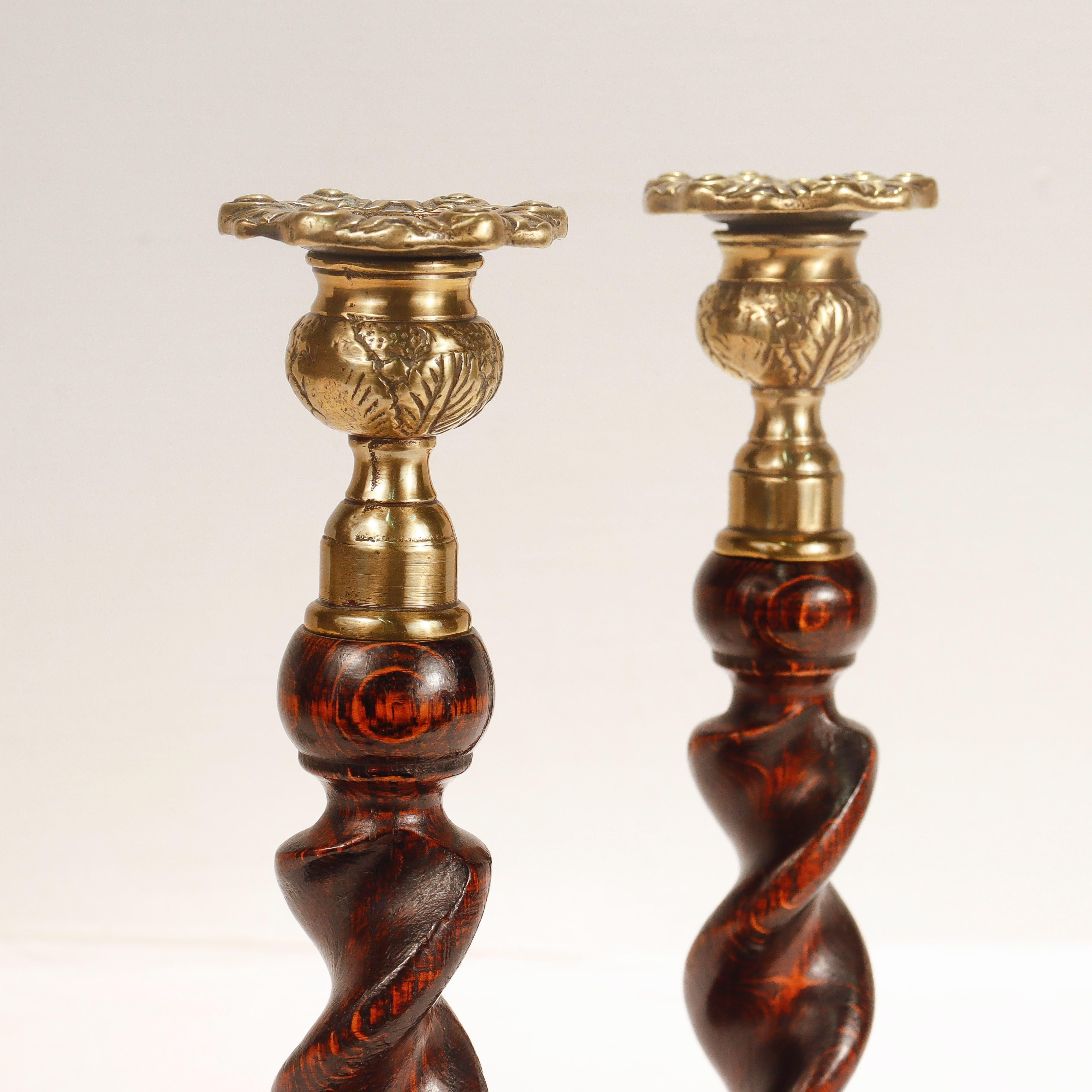 Pair of Jacobean Style Barley Twist Brass Topped Candlesticks 8