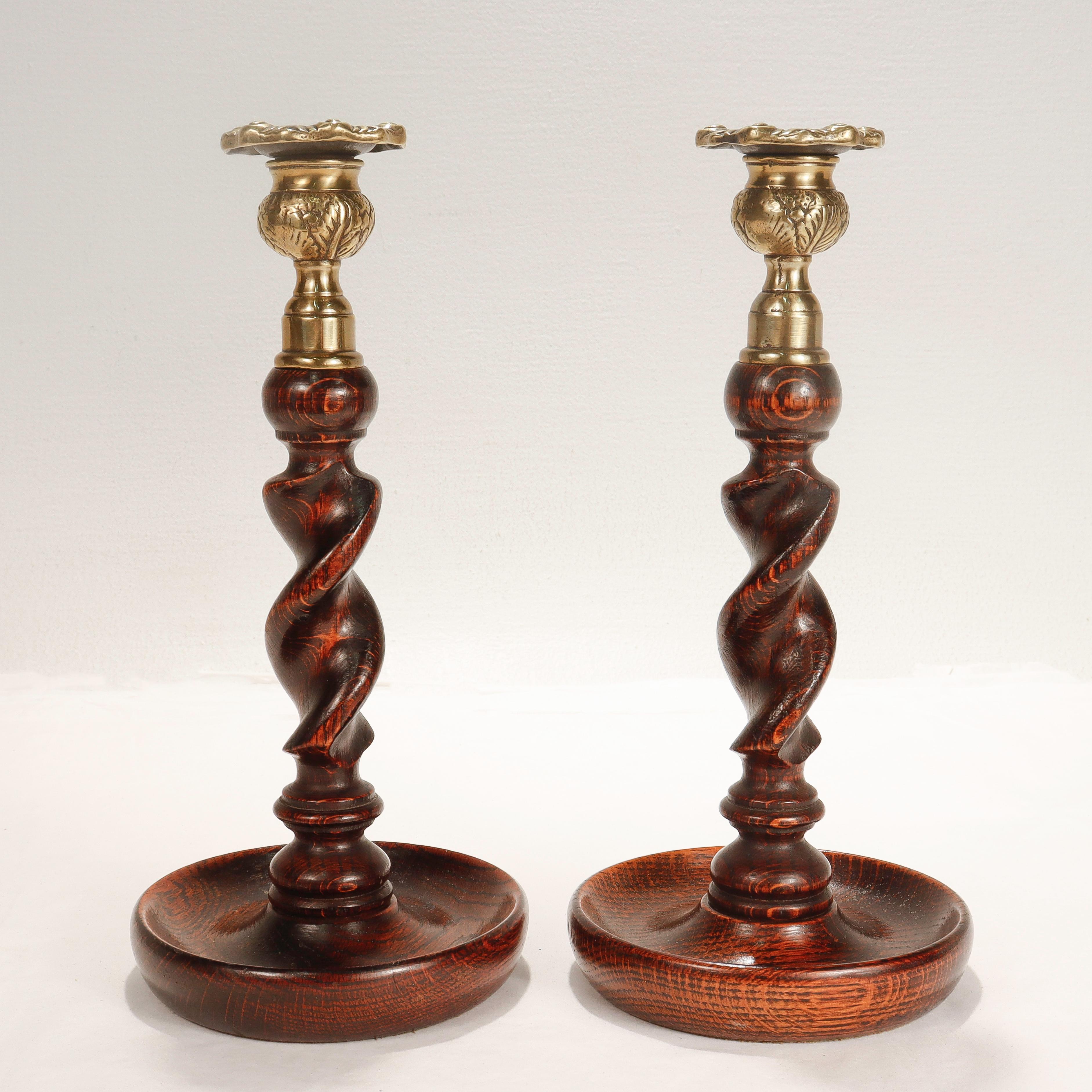 Pair of Jacobean Style Barley Twist Brass Topped Candlesticks In Good Condition In Philadelphia, PA
