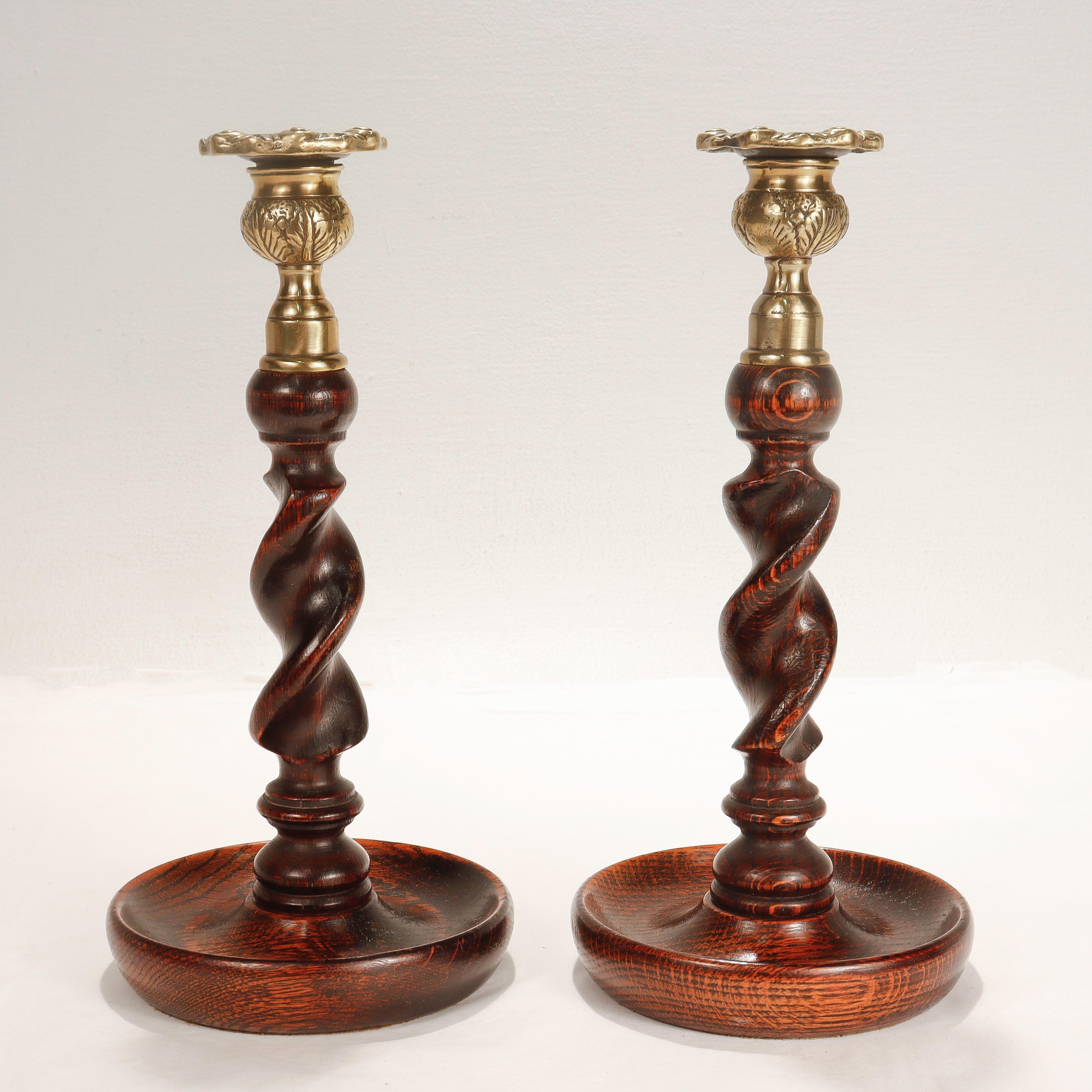 20th Century Pair of Jacobean Style Barley Twist Brass Topped Candlesticks