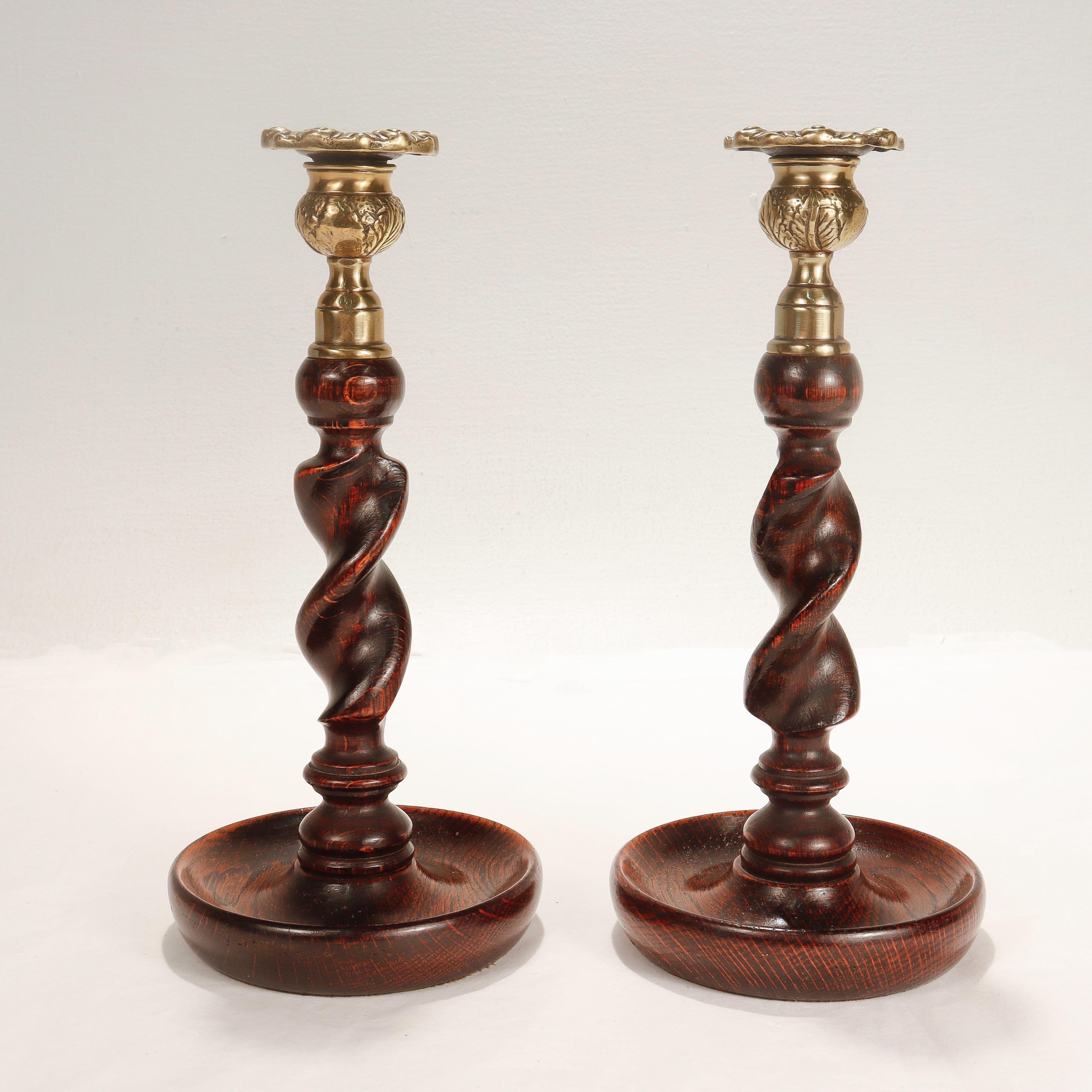 Pair of Jacobean Style Barley Twist Brass Topped Candlesticks 1