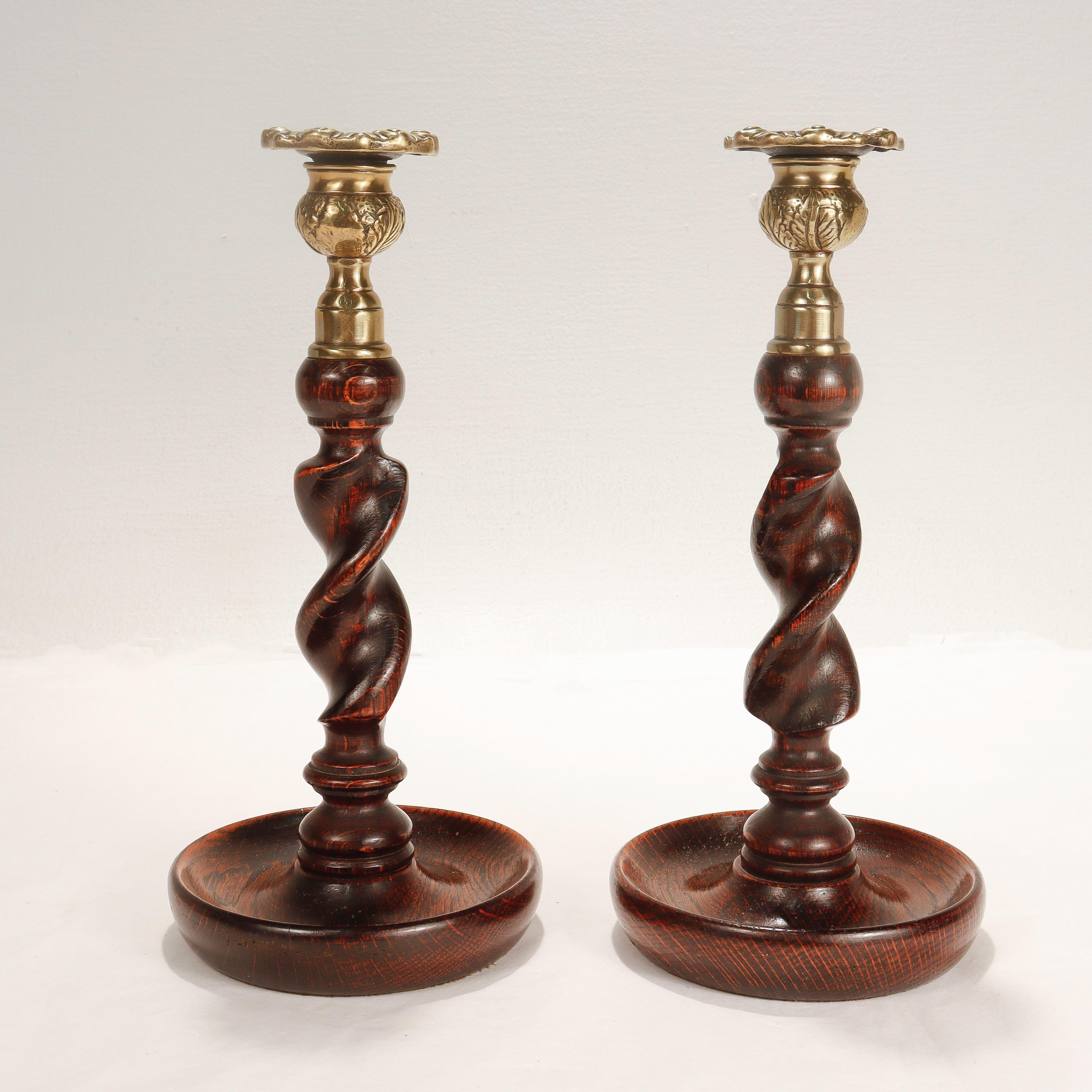 Pair of Jacobean Style Barley Twist Brass Topped Candlesticks at 1stDibs