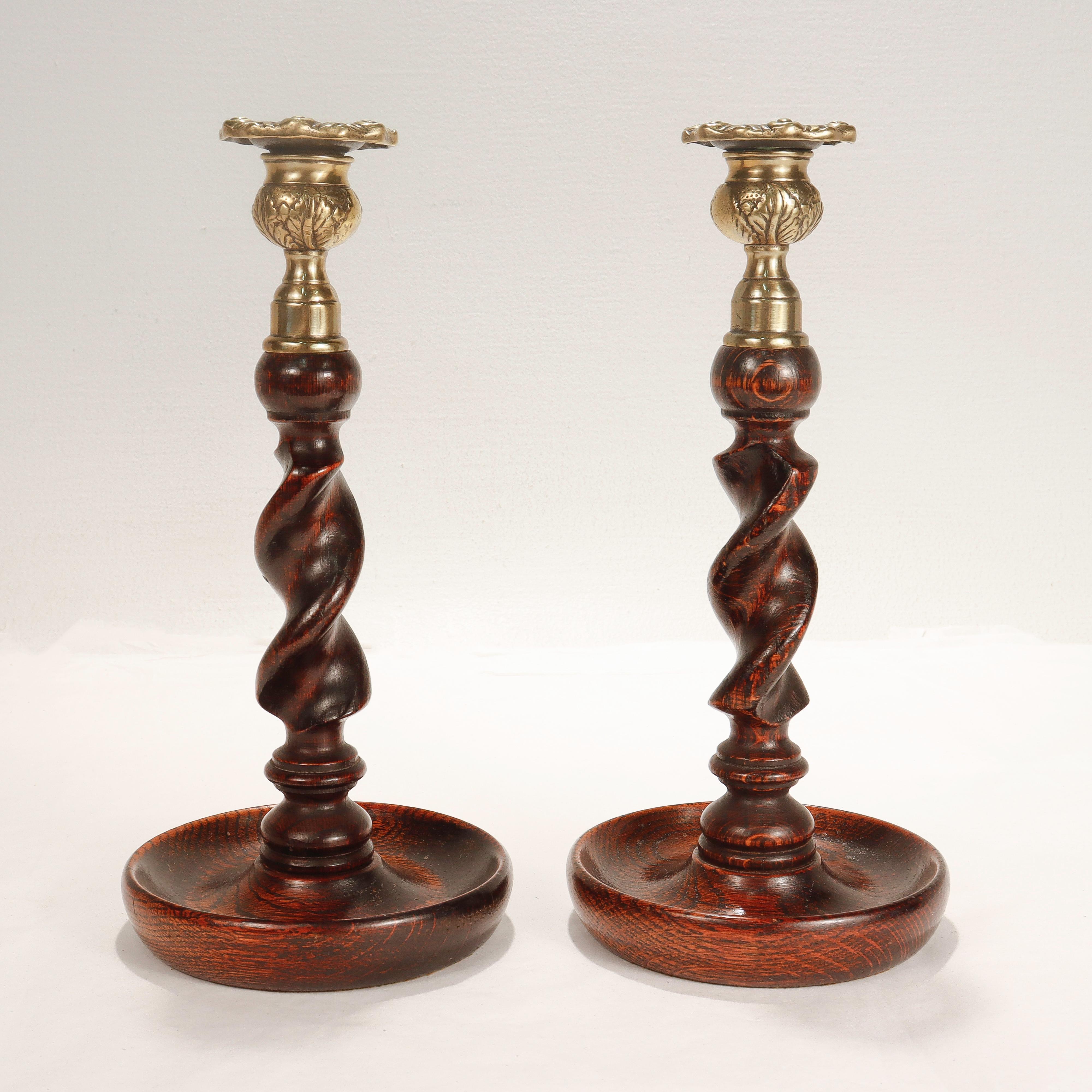 Pair of Jacobean Style Barley Twist Brass Topped Candlesticks 2