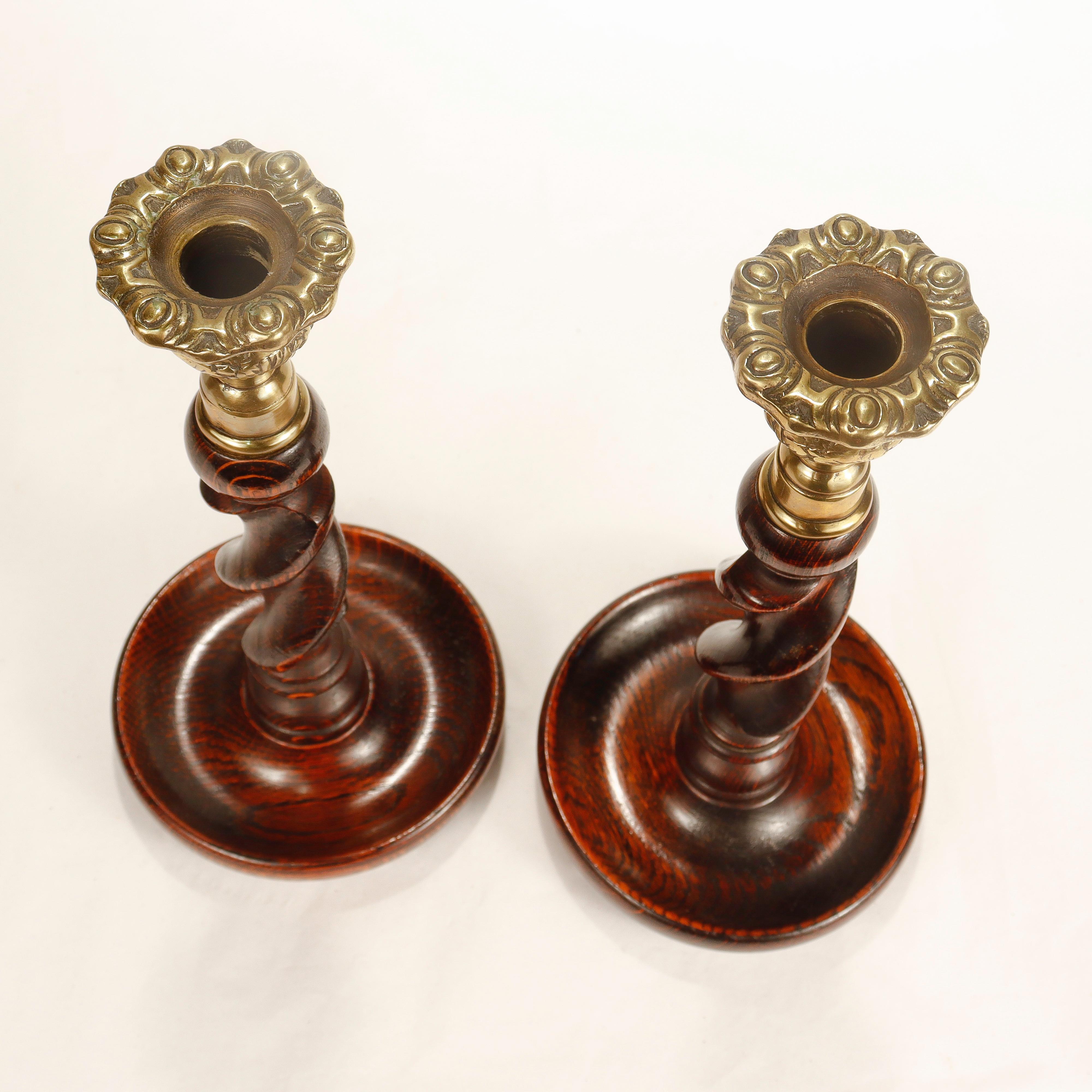Pair of Jacobean Style Barley Twist Brass Topped Candlesticks 3