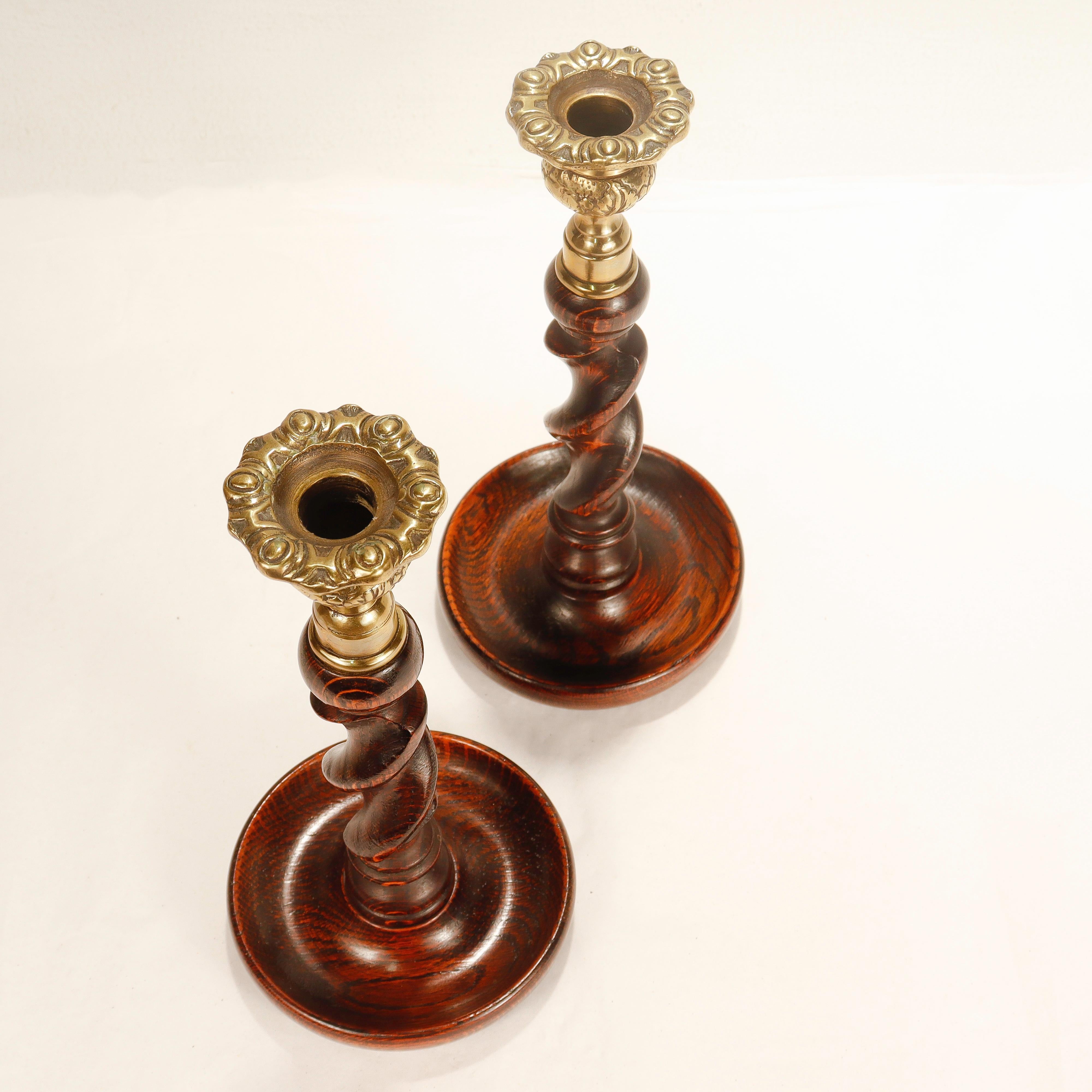 Pair of Jacobean Style Barley Twist Brass Topped Candlesticks 4