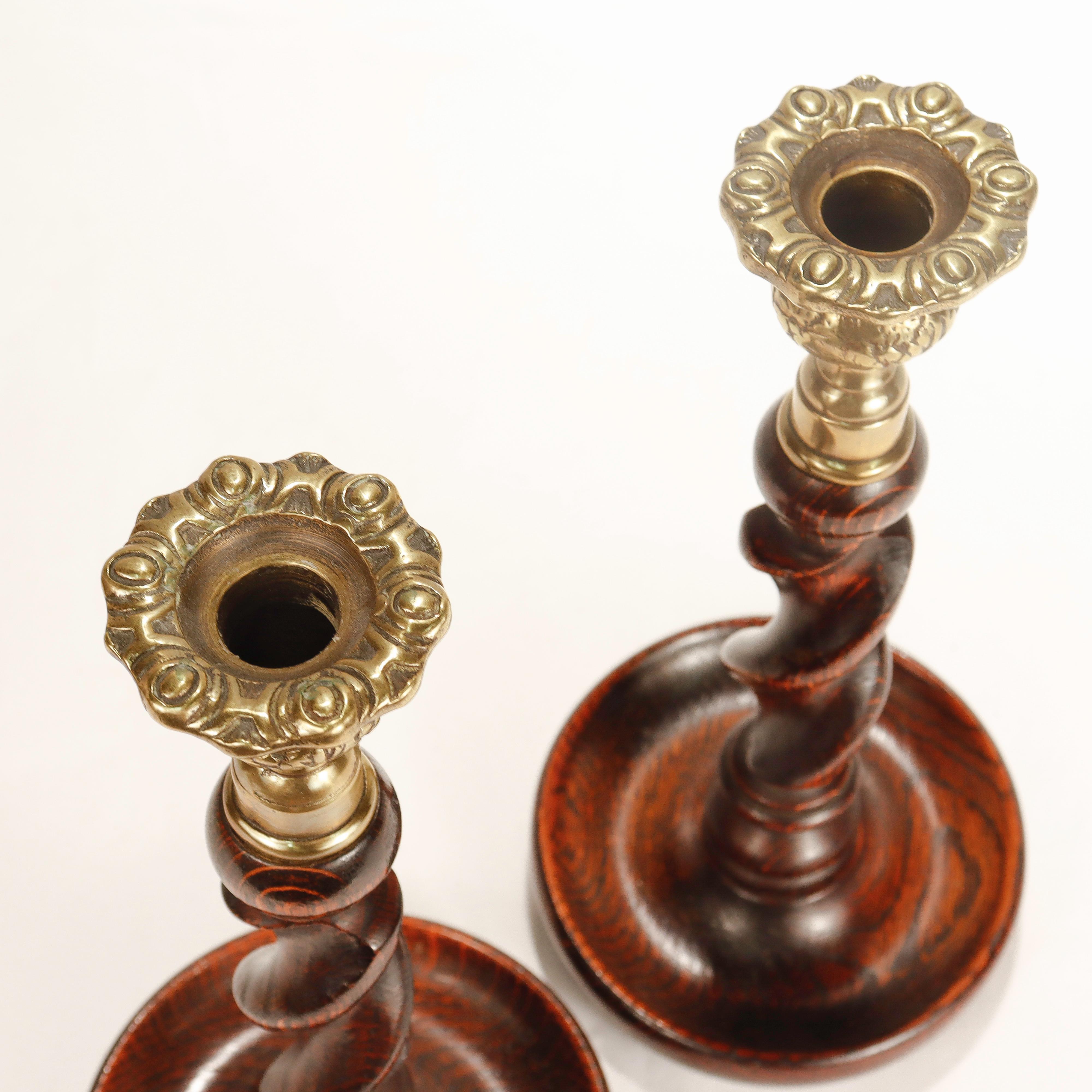 Pair of Jacobean Style Barley Twist Brass Topped Candlesticks at 1stDibs