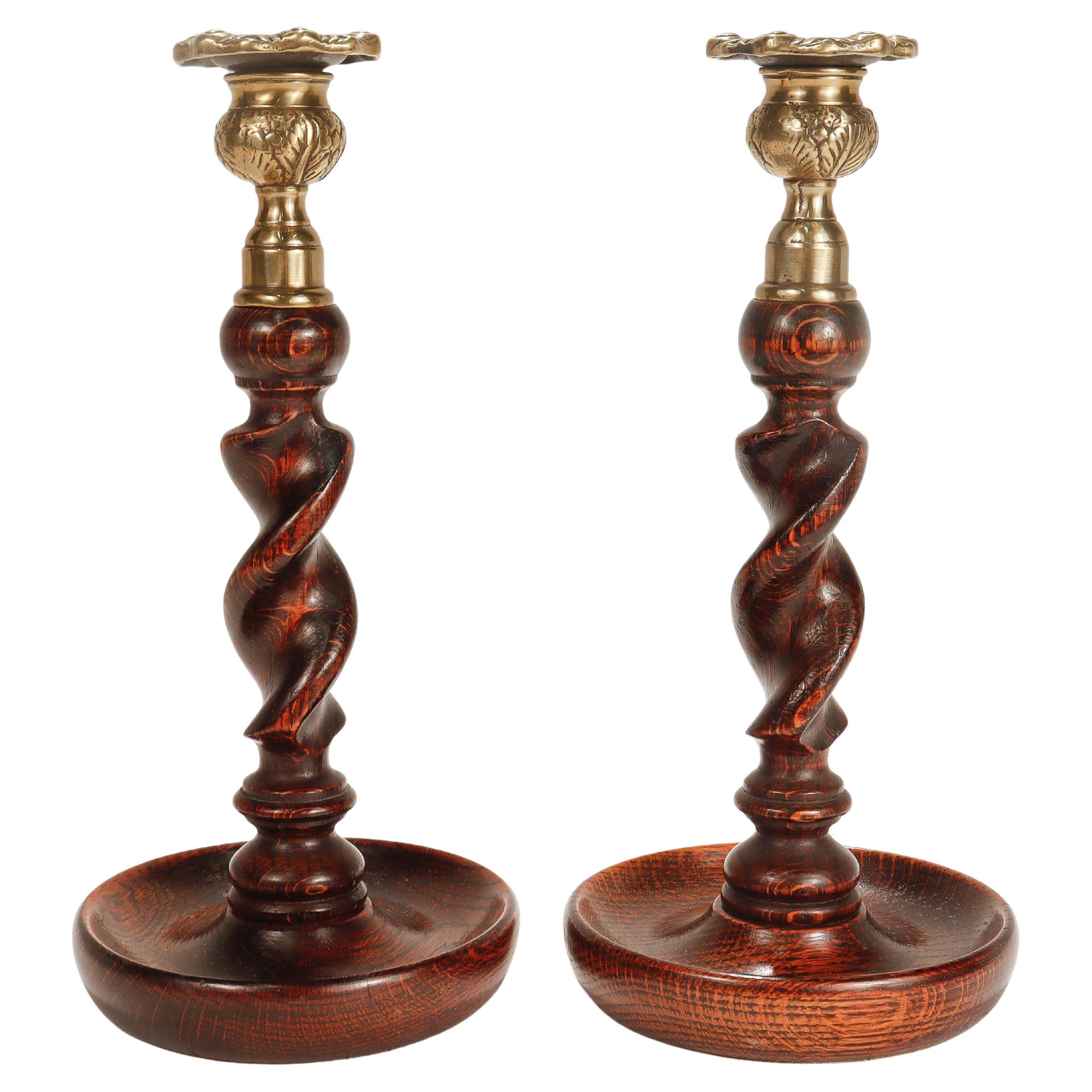 Pair of Jacobean Style Barley Twist Brass Topped Candlesticks