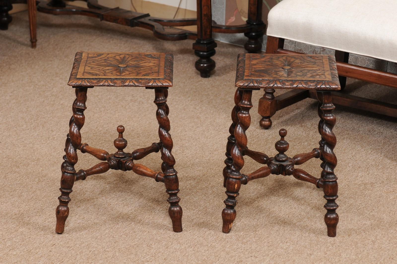 Pair of Jacobean Style Carved Oak Barley Twist Stools, Early 19th Century 6