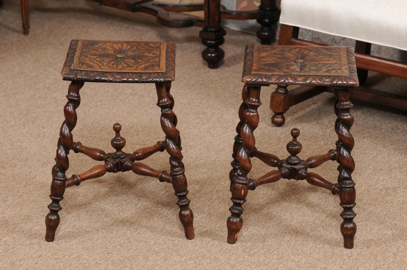 Pair of Jacobean Style Carved Oak Barley Twist Stools, Early 19th Century 7